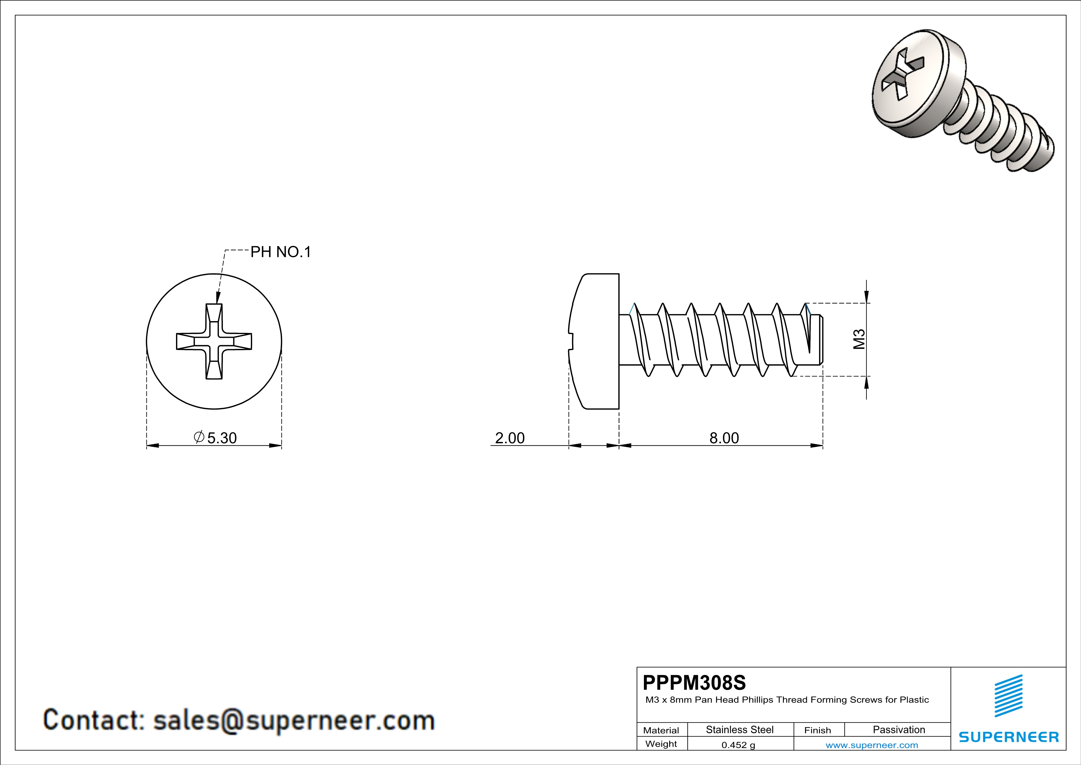 M3 × 8mm  Pan Head Phillips Thread Foming Screws for Plastic SUS304 Stainless Steel Inox