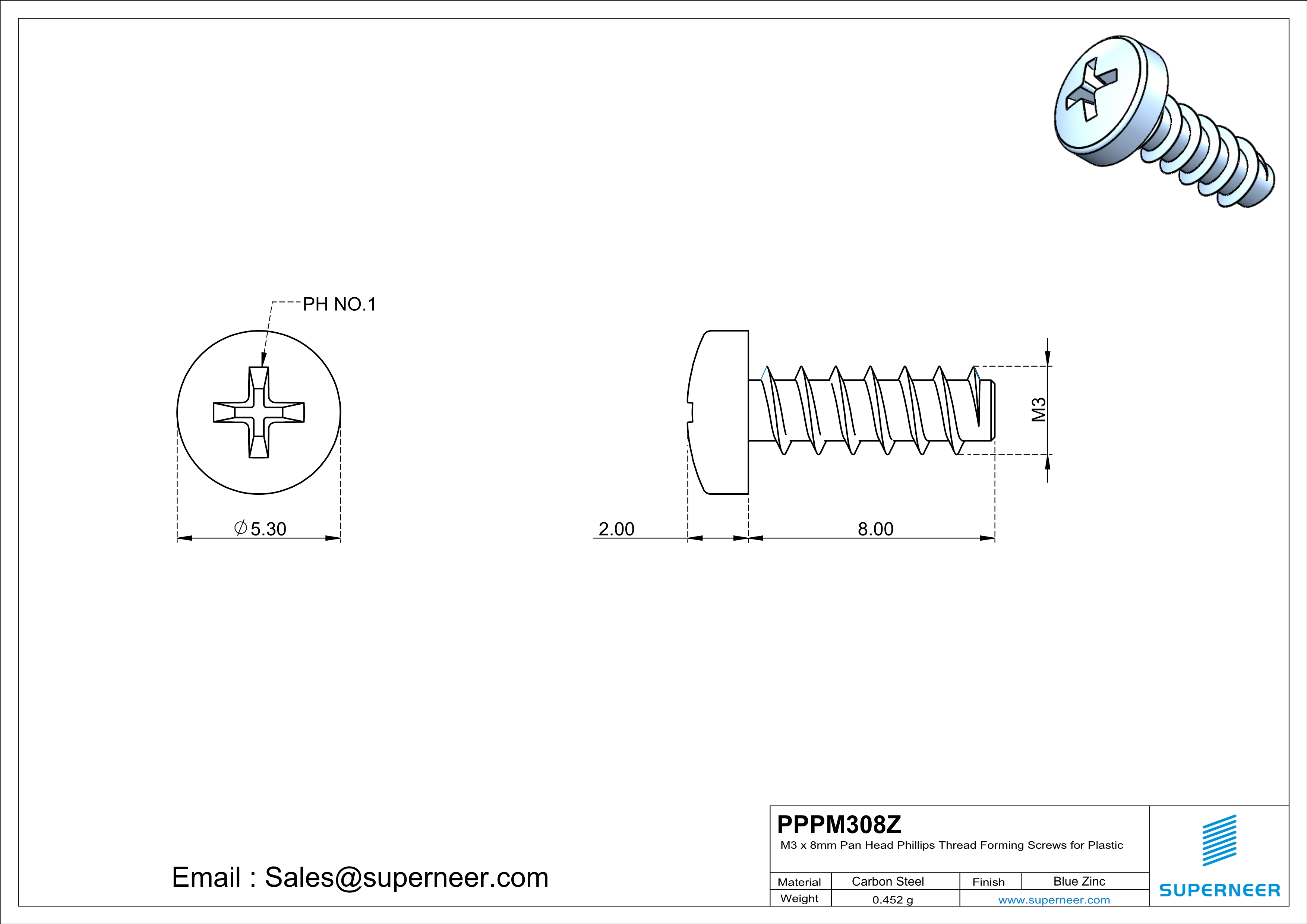 M3 × 8mm  Pan Head Phillips Thread Foming Screws for Plastic   Steel Blue Zinc Plated