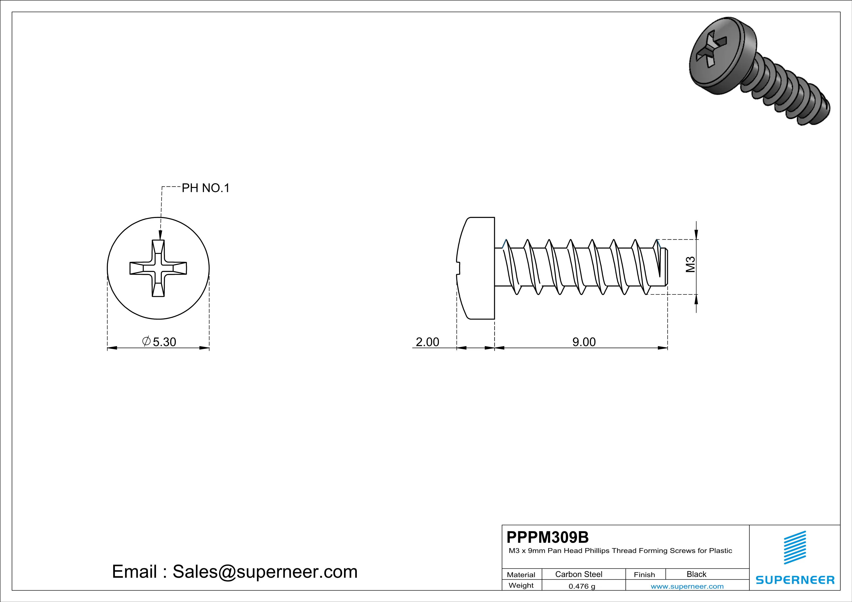 M3 × 9mm  Pan Head Phillips Thread Foming Screws for Plastic   Steel Black