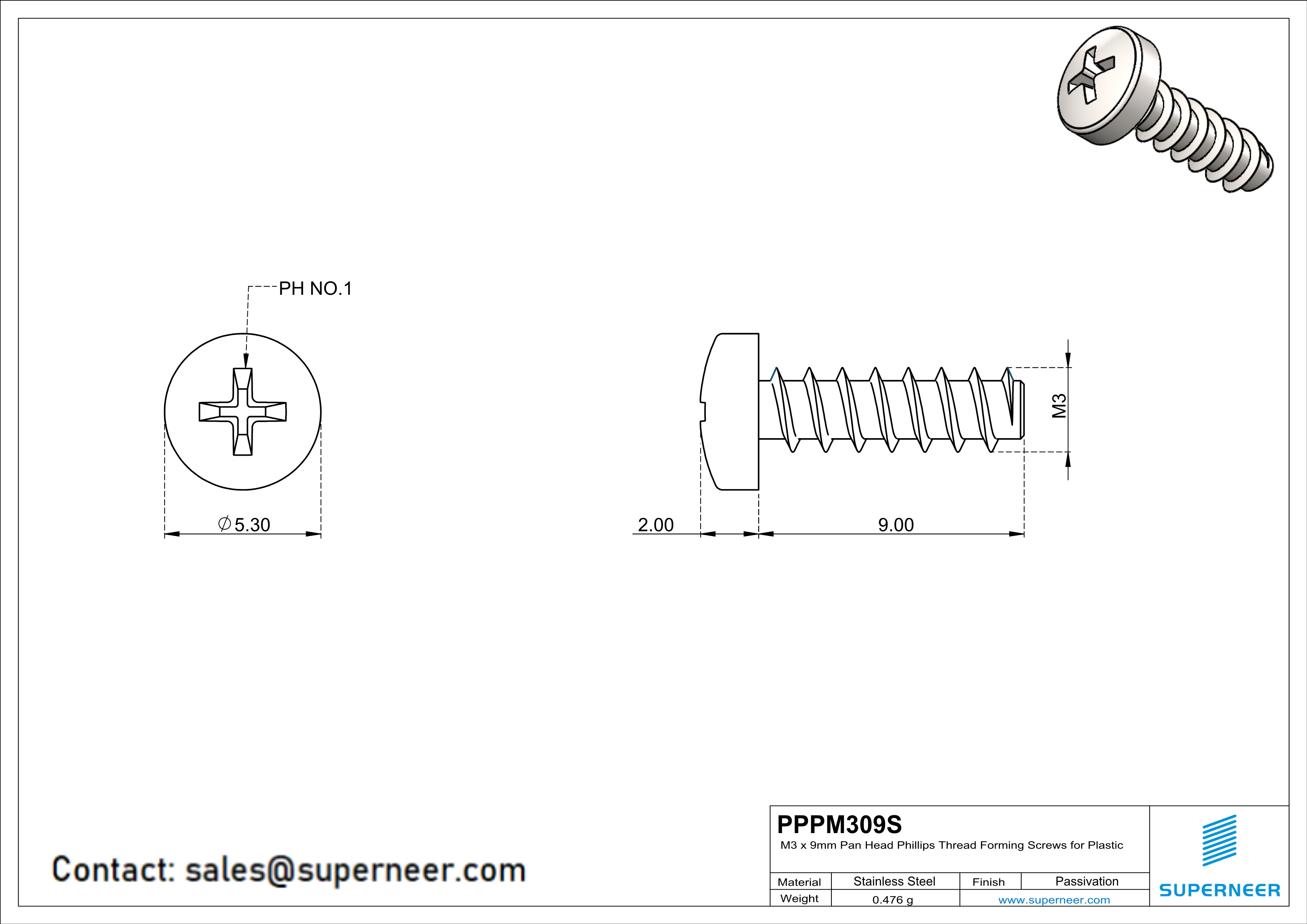 M3 × 9mm  Pan Head Phillips Thread Foming Screws for Plastic SUS304 Stainless Steel Inox