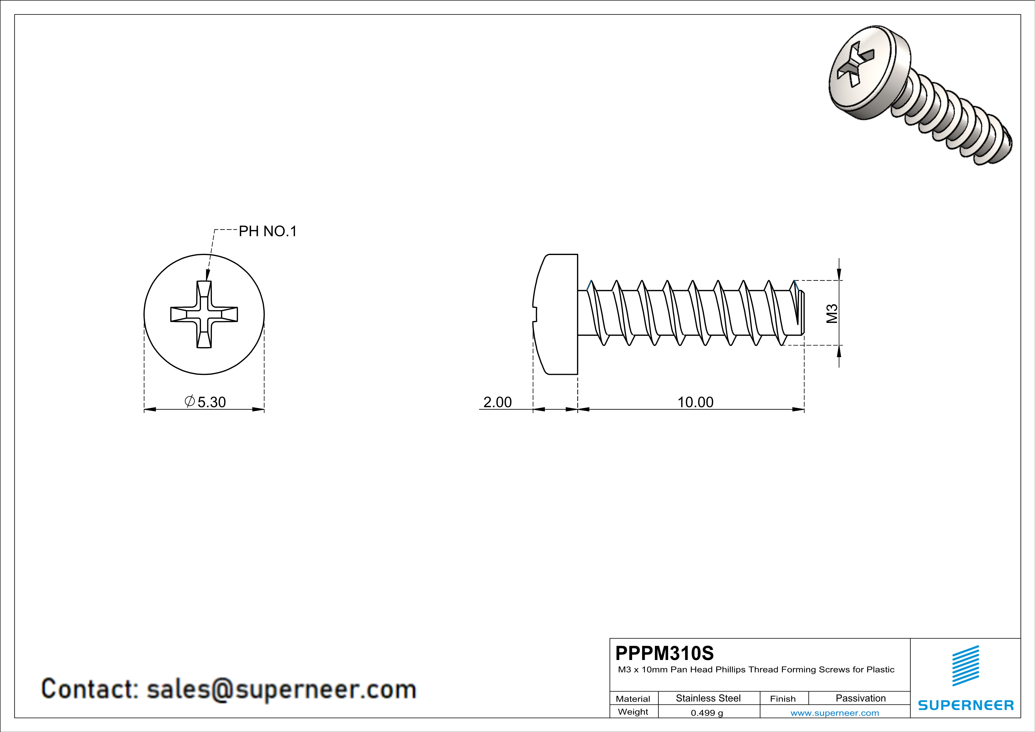 M3 × 10mm  Pan Head Phillips Thread Foming Screws for Plastic SUS304 Stainless Steel Inox