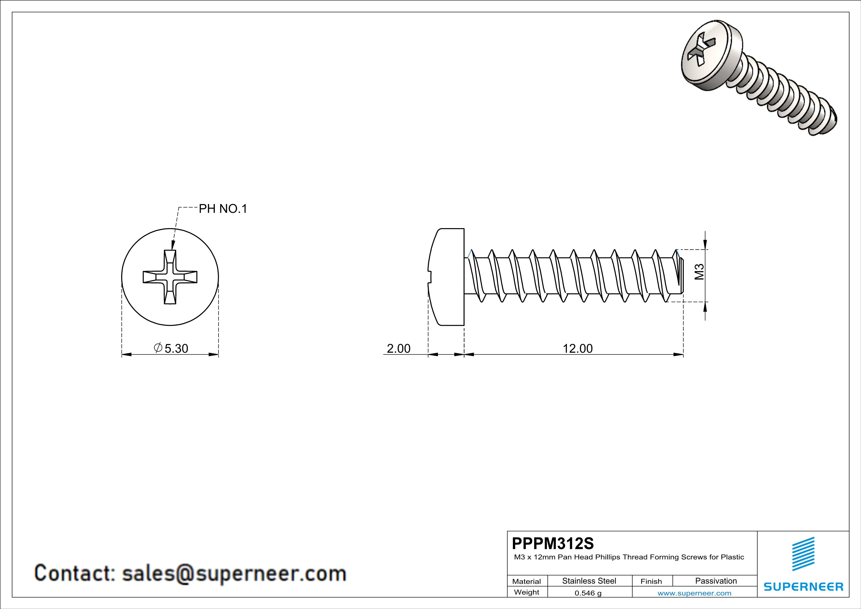 M3 × 12mm  Pan Head Phillips Thread Foming Screws for Plastic SUS304 Stainless Steel Inox