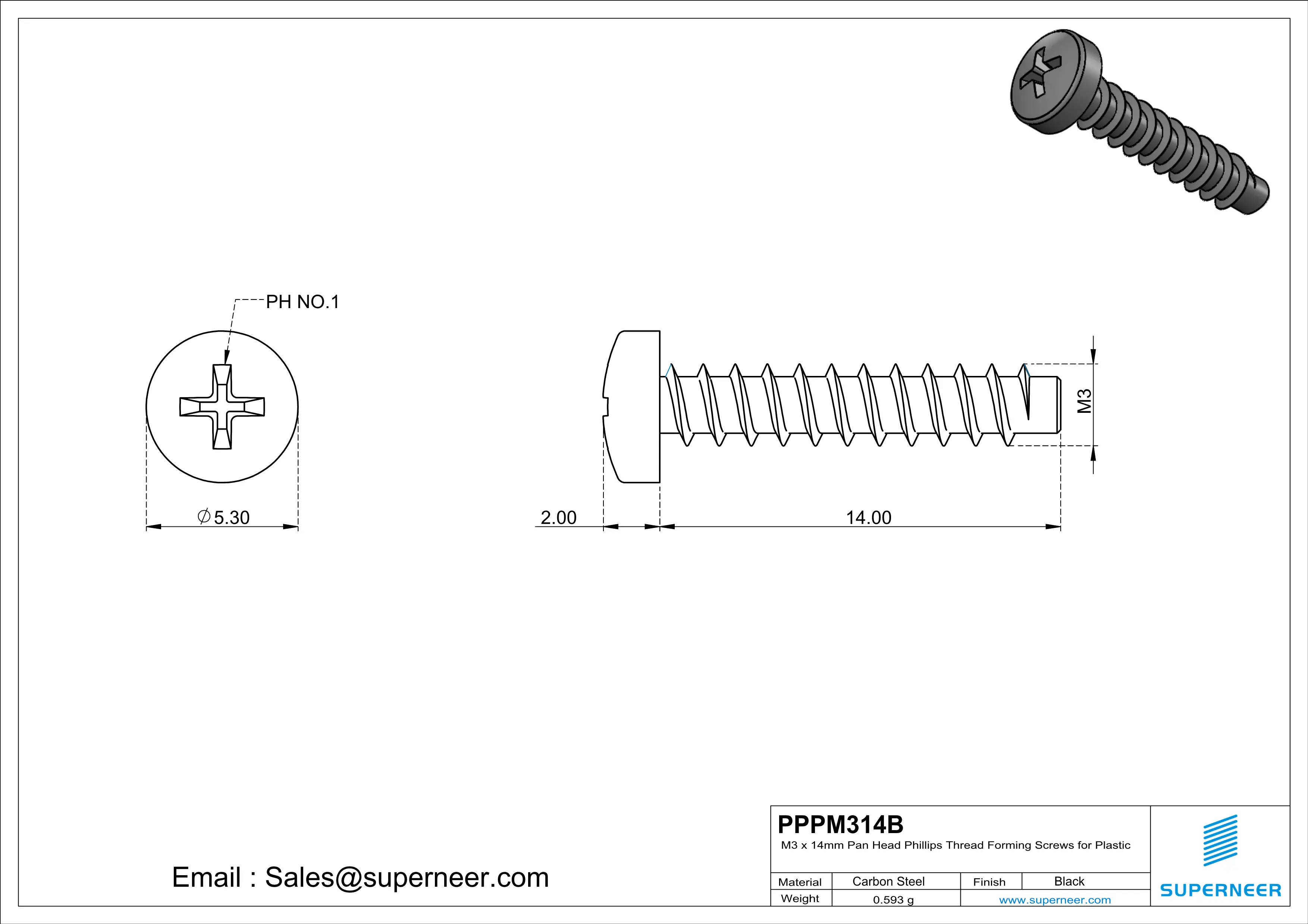 M3 × 14mm  Pan Head Phillips Thread Foming Screws for Plastic   Steel Black