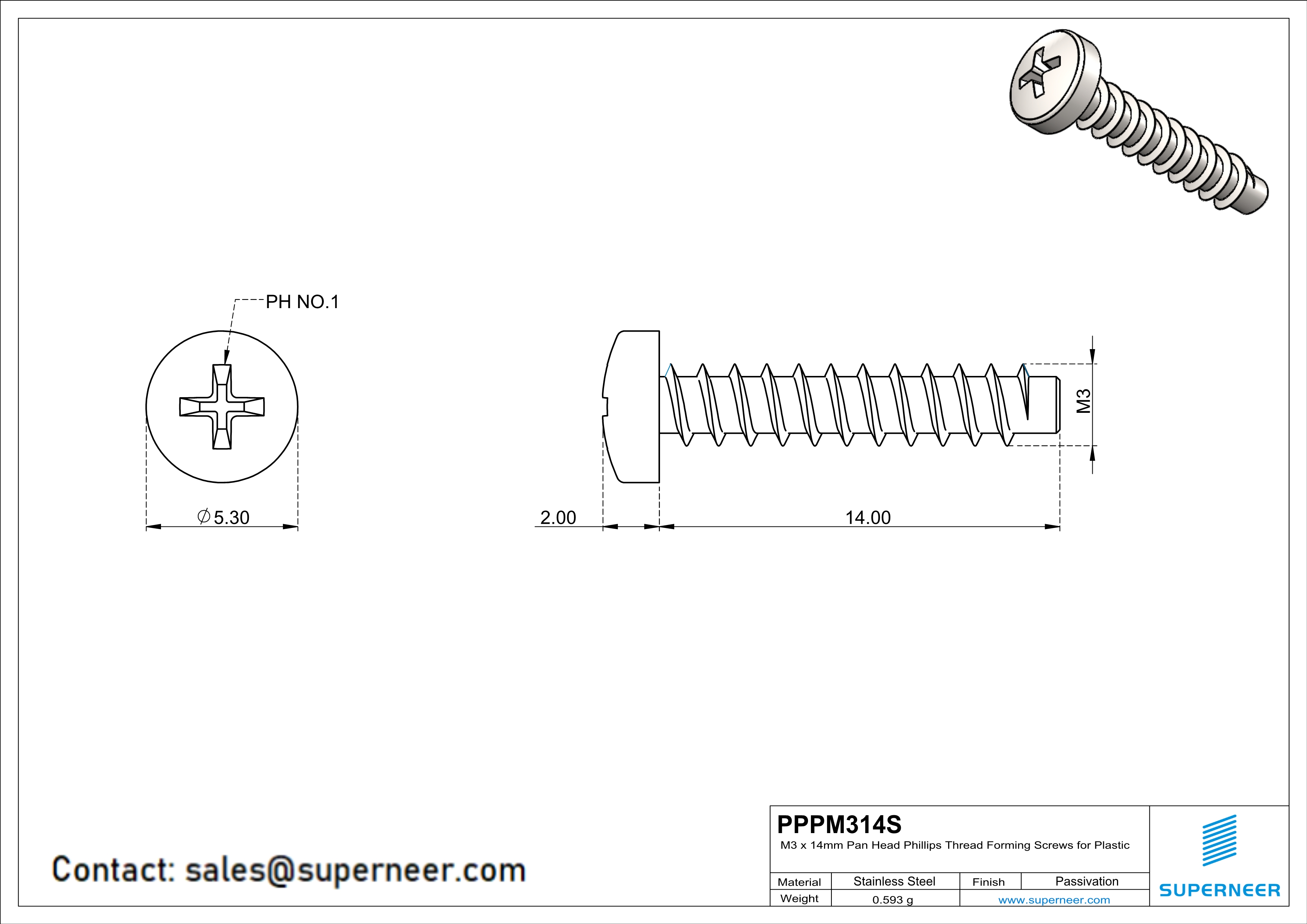 M3 × 14mm  Pan Head Phillips Thread Foming Screws for Plastic SUS304 Stainless Steel Inox