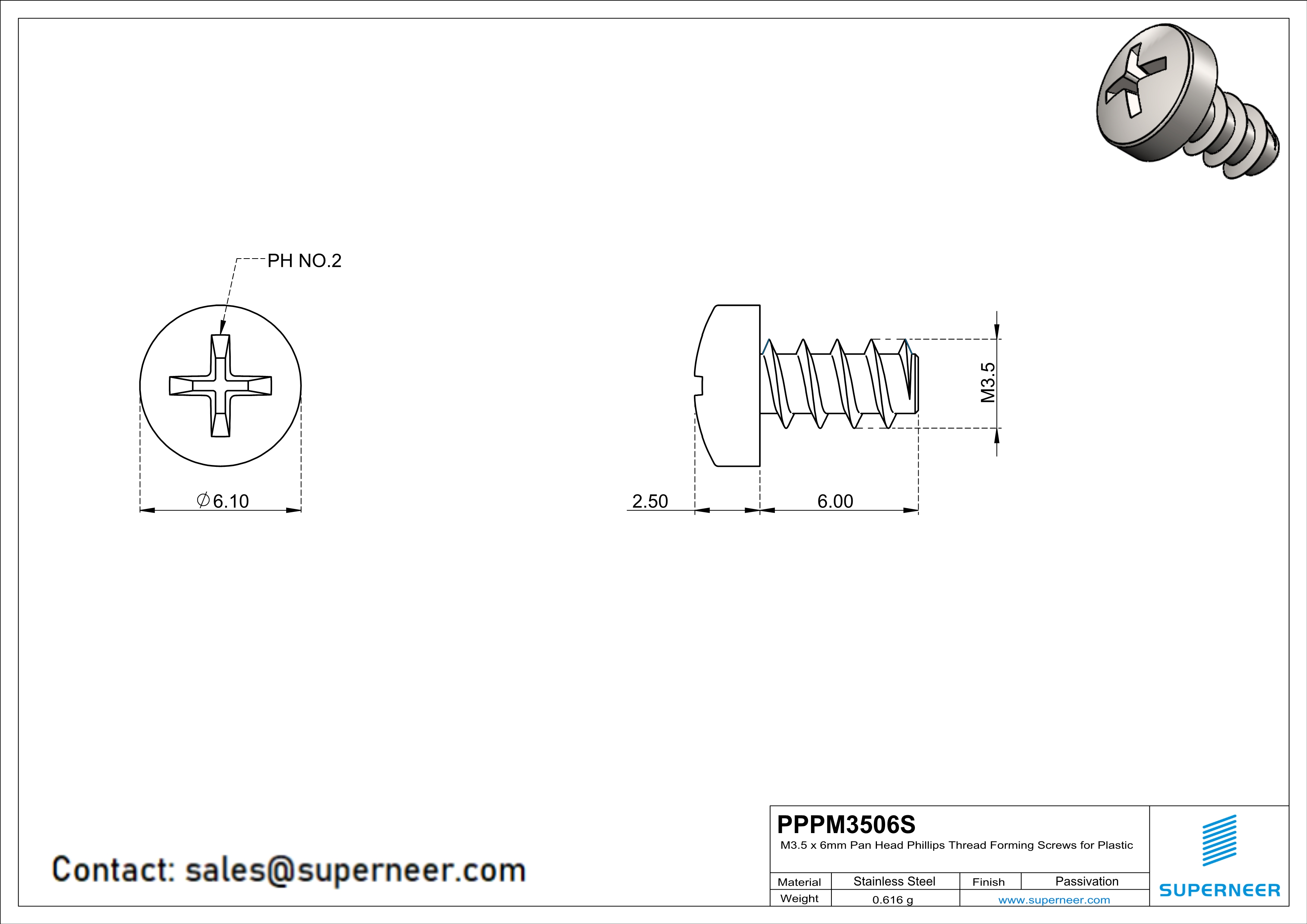 M3.5 × 6mm  Pan Head Phillips Thread Foming Screws for Plastic SUS304 Stainless Steel Inox