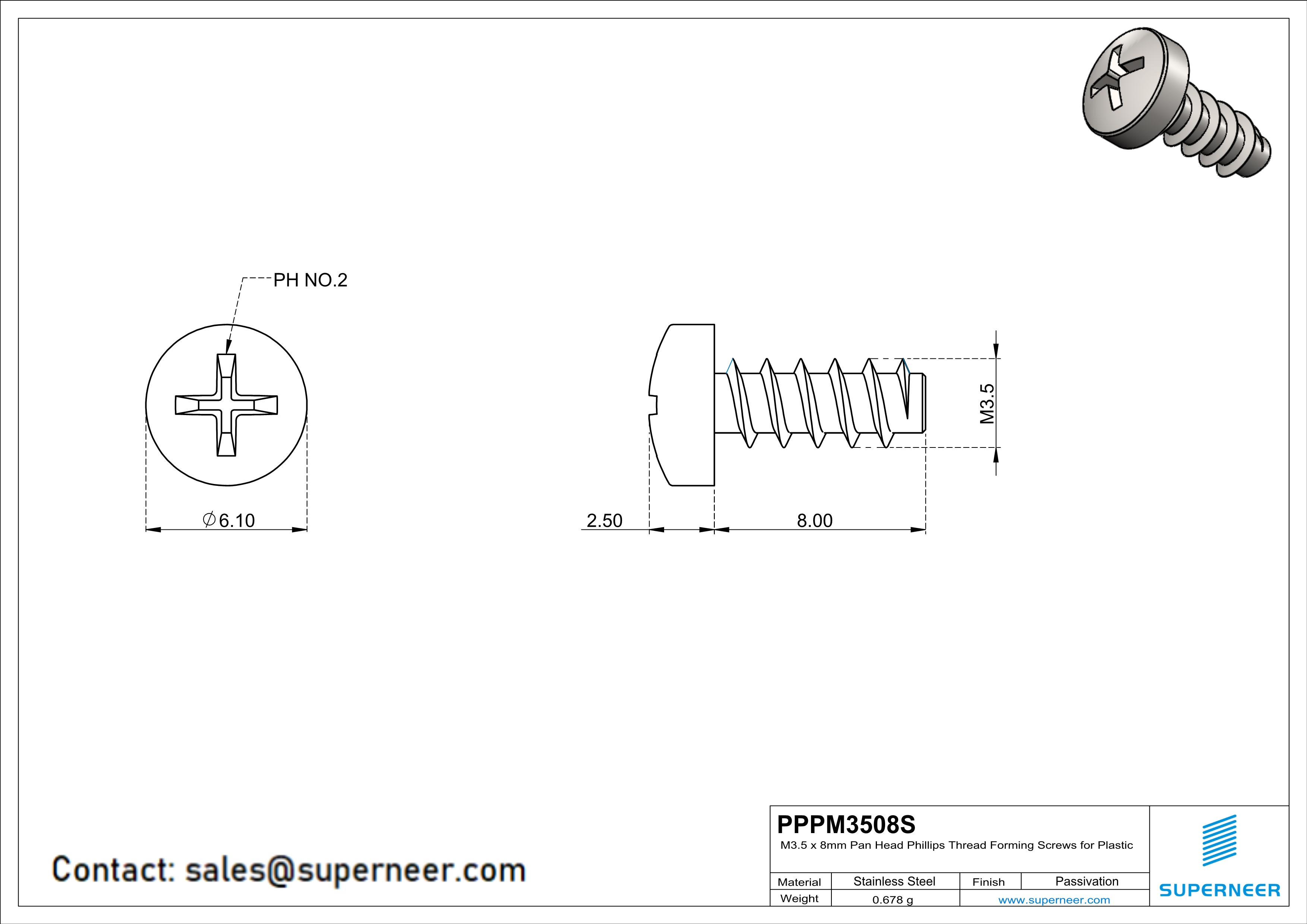 M3.5 × 8mm  Pan Head Phillips Thread Foming Screws for Plastic SUS304 Stainless Steel Inox