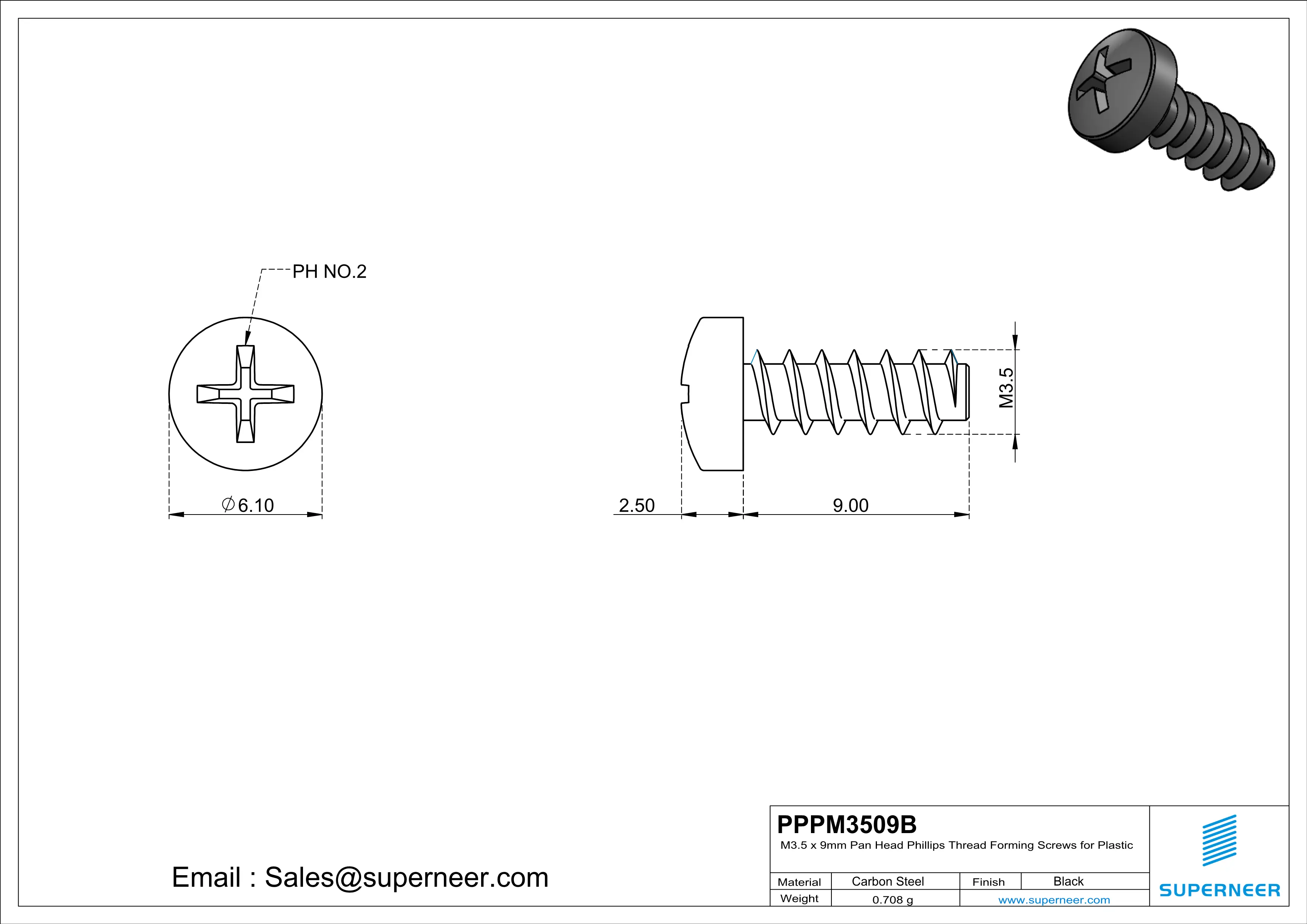 M3.5 × 9mm  Pan Head Phillips Thread Foming Screws for Plastic   Steel Black