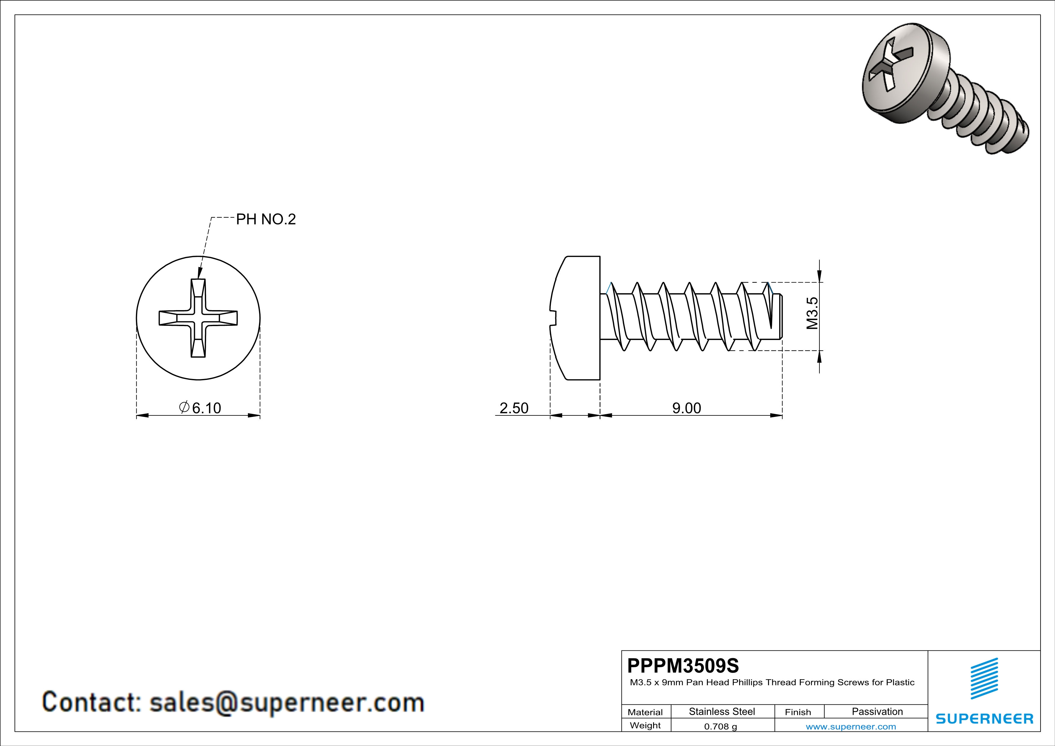 M3.5 × 9mm  Pan Head Phillips Thread Foming Screws for Plastic SUS304 Stainless Steel Inox