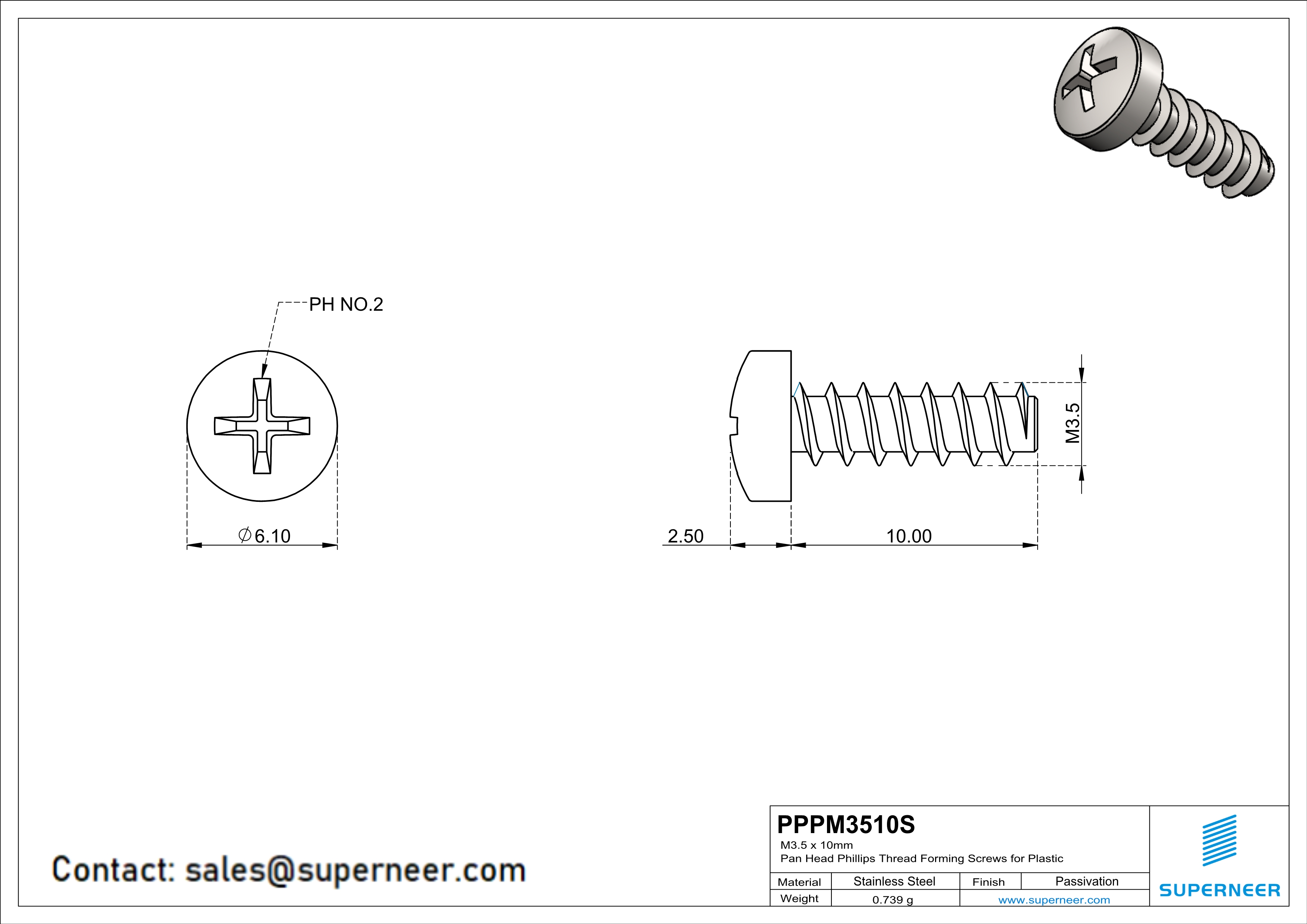 M3.5 × 10mm  Pan Head Phillips Thread Foming Screws for Plastic SUS304 Stainless Steel Inox