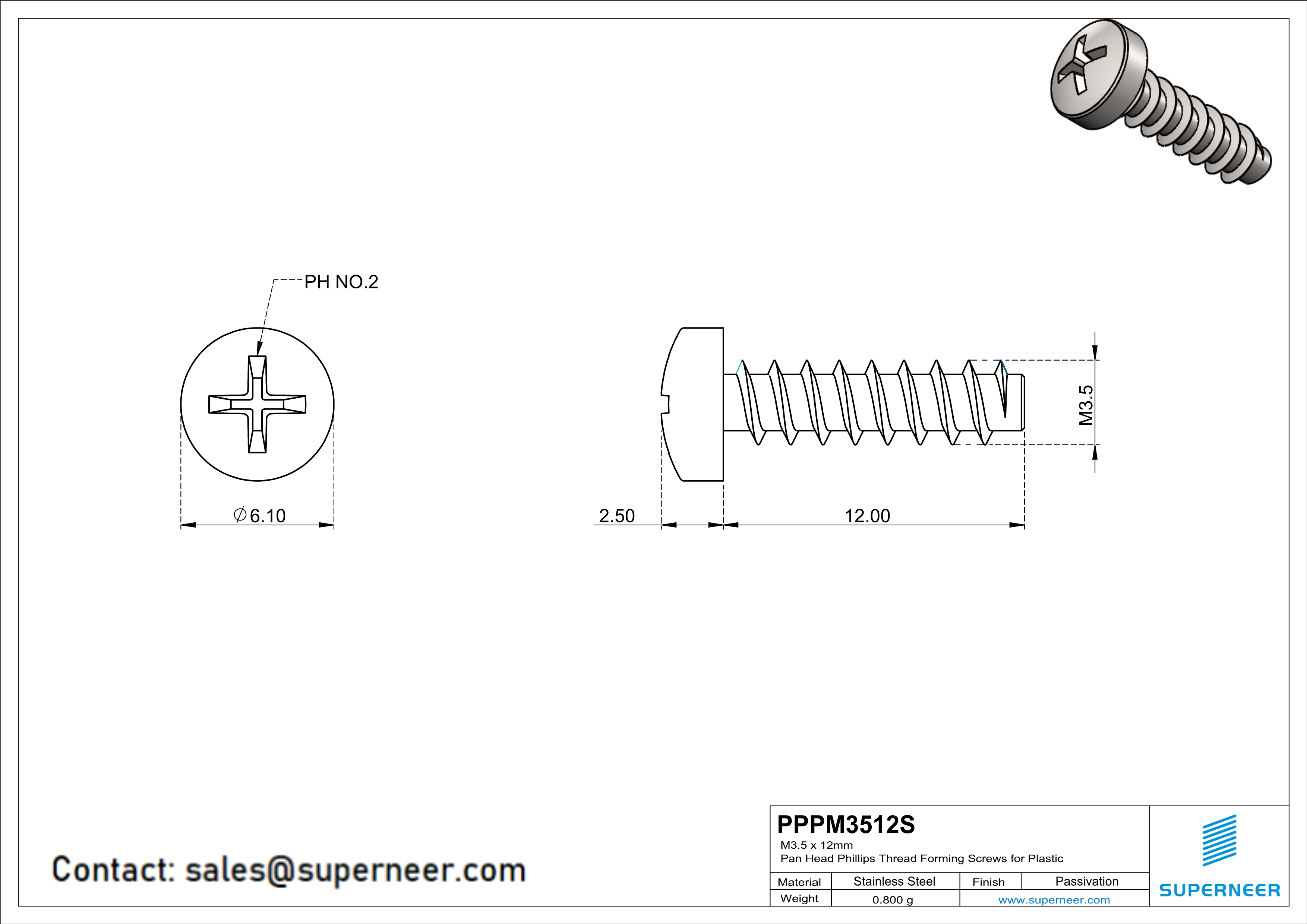 M3.5 × 12mm  Pan Head Phillips Thread Foming Screws for Plastic SUS304 Stainless Steel Inox