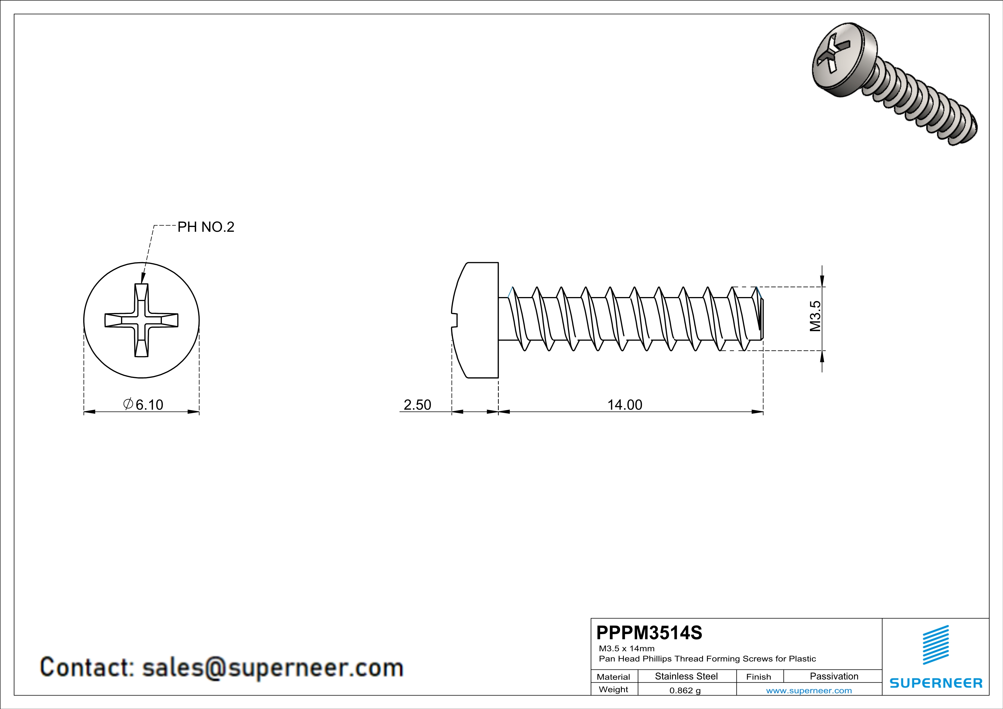 M3.5 × 14mm  Pan Head Phillips Thread Foming Screws for Plastic SUS304 Stainless Steel Inox