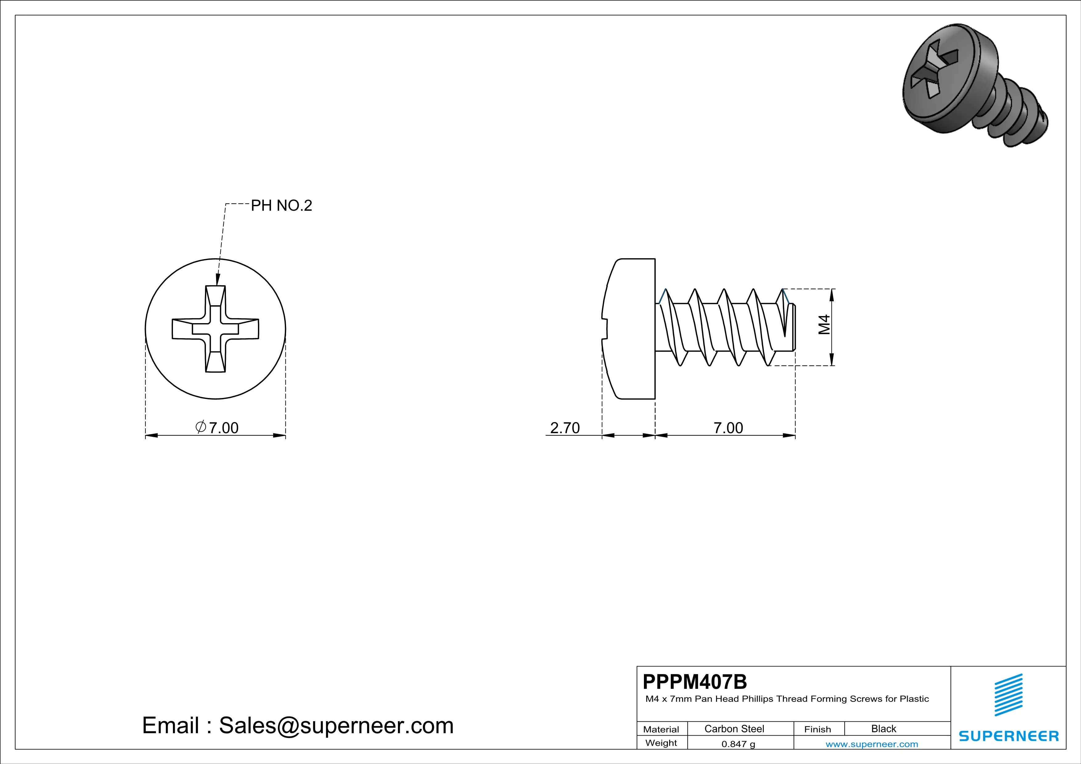 M4 × 7mm  Pan Head Phillips Thread Foming Screws for Plastic   Steel Black