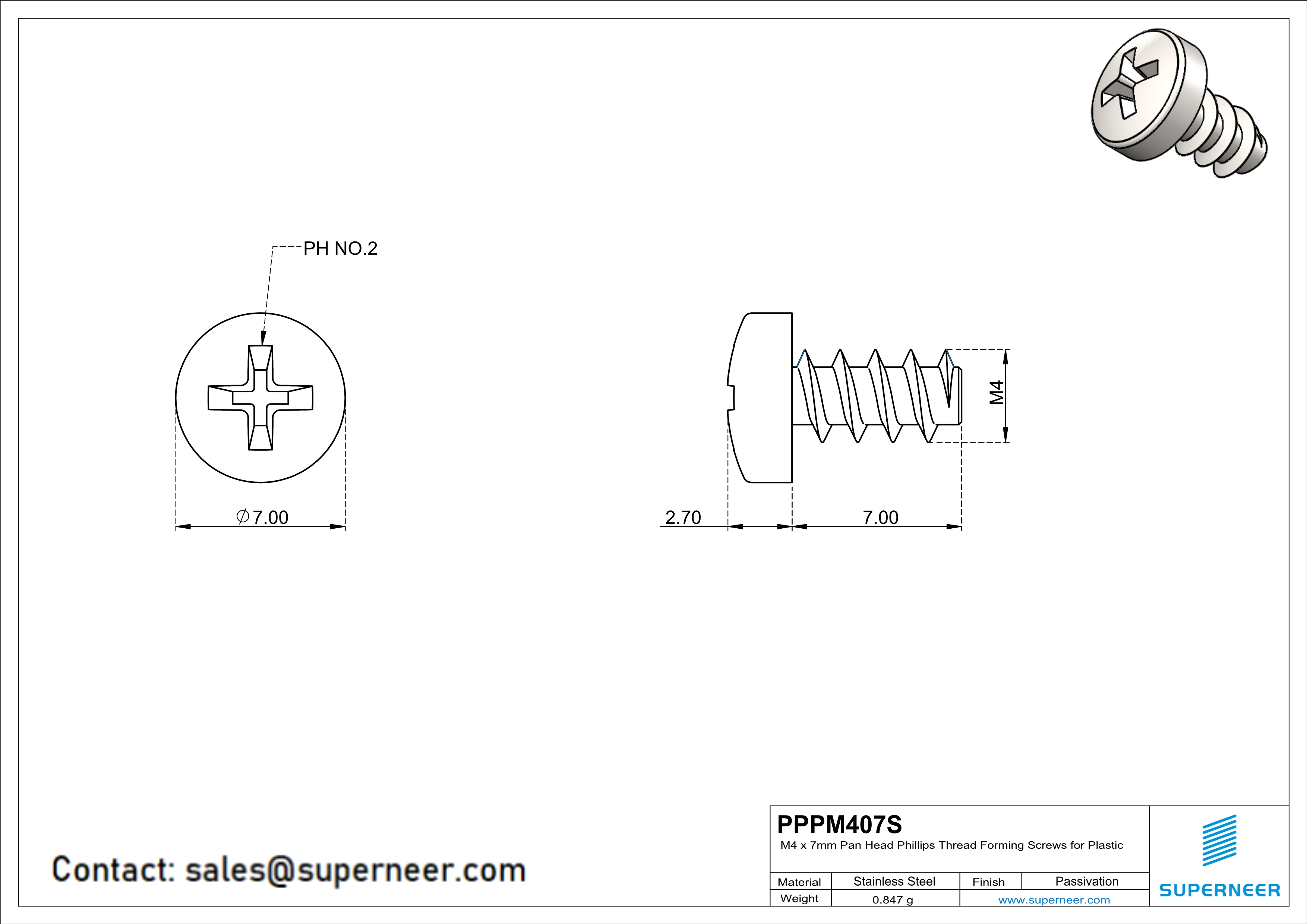 M4 × 7mm  Pan Head Phillips Thread Foming Screws for Plastic SUS304 Stainless Steel Inox