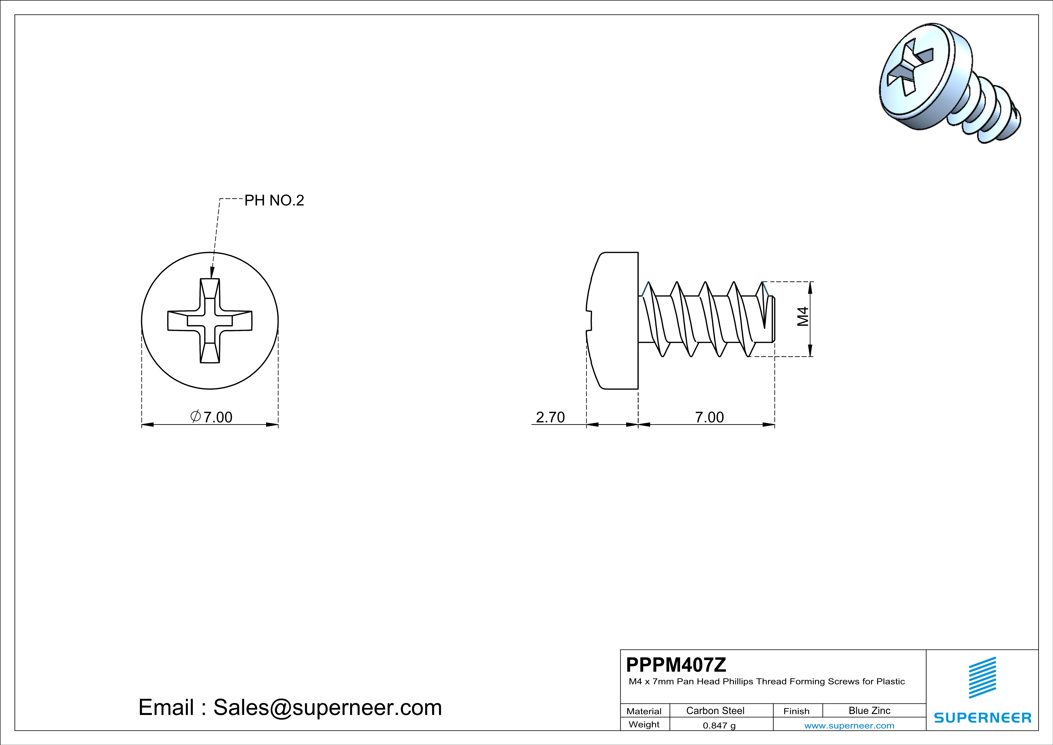 M4 × 7mm  Pan Head Phillips Thread Foming Screws for Plastic   Steel Blue Zinc Plated