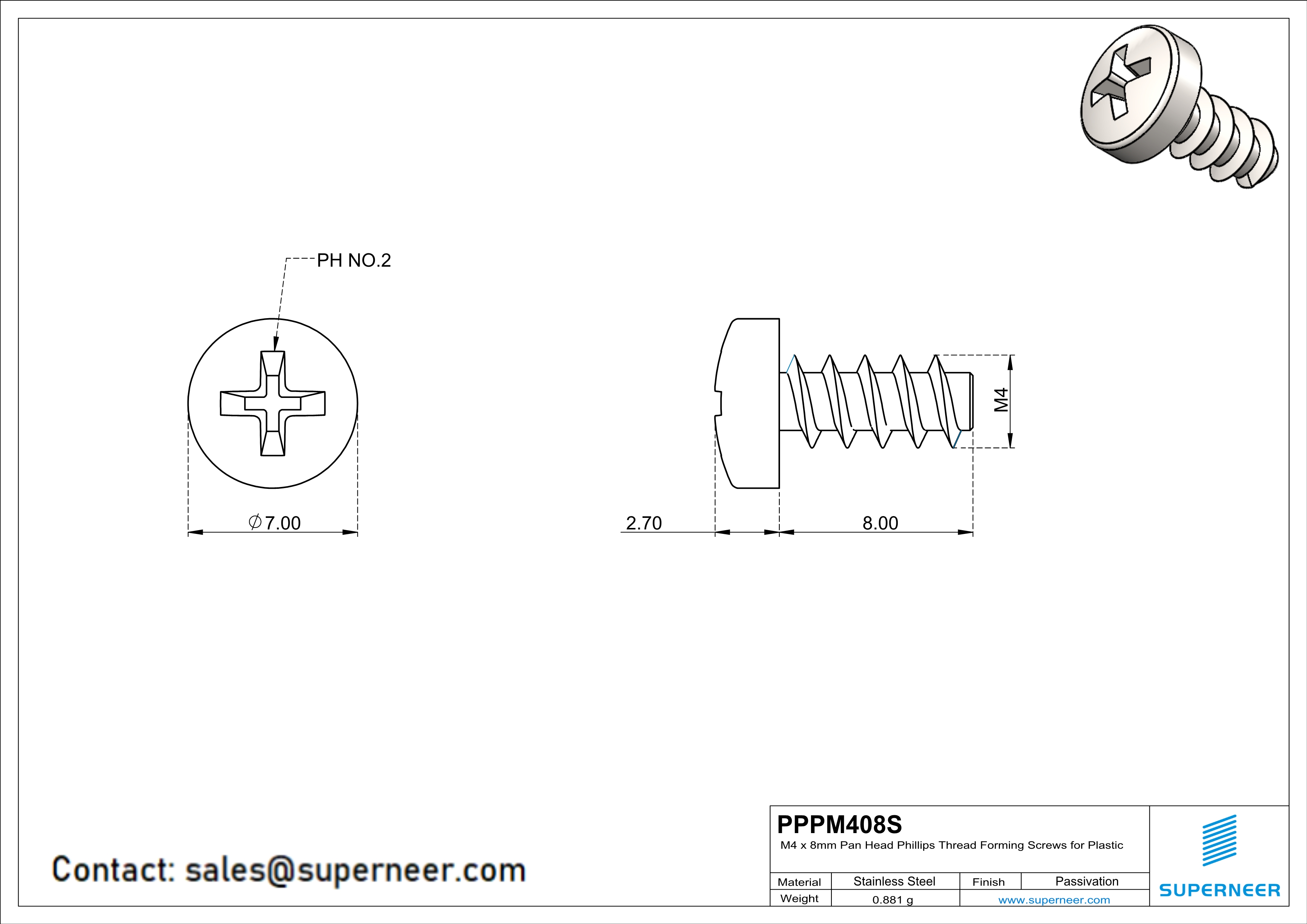 M4 × 8mm  Pan Head Phillips Thread Foming Screws for Plastic SUS304 Stainless Steel Inox