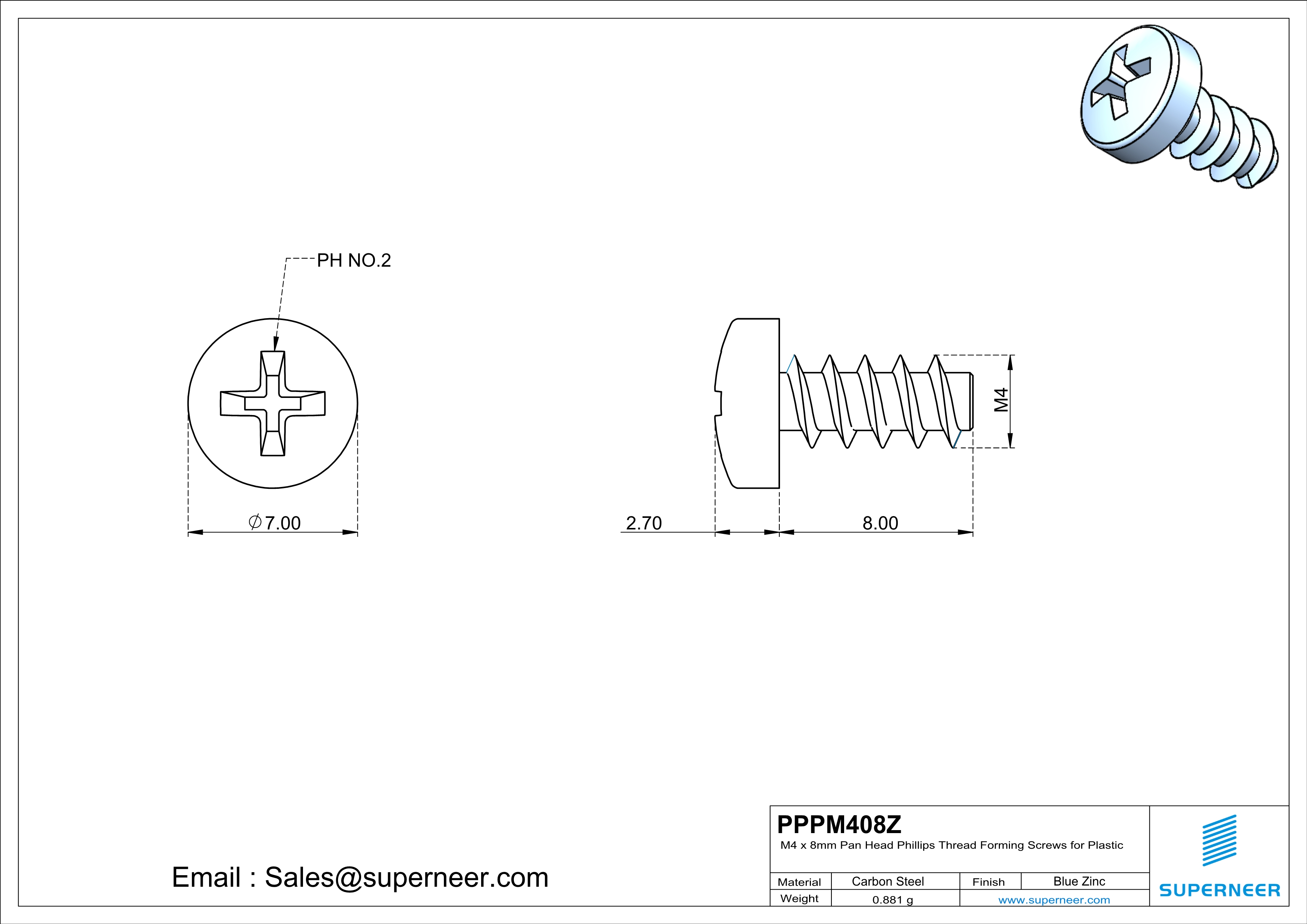 M4 × 8mm  Pan Head Phillips Thread Foming Screws for Plastic   Steel Blue Zinc Plated