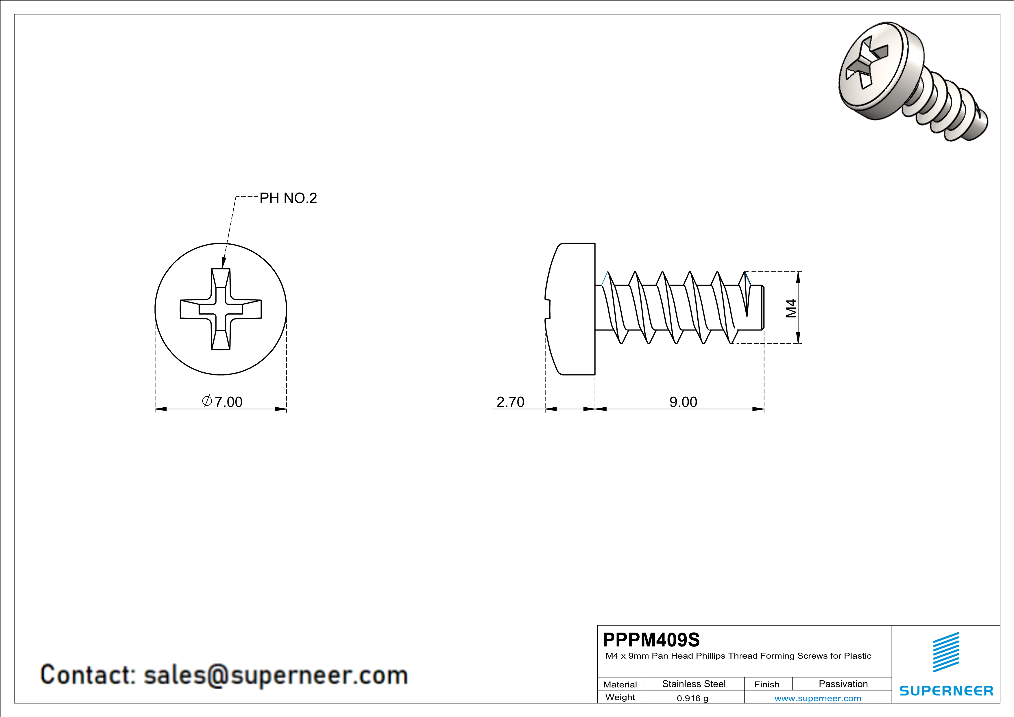 M4 × 9mm  Pan Head Phillips Thread Foming Screws for Plastic SUS304 Stainless Steel Inox