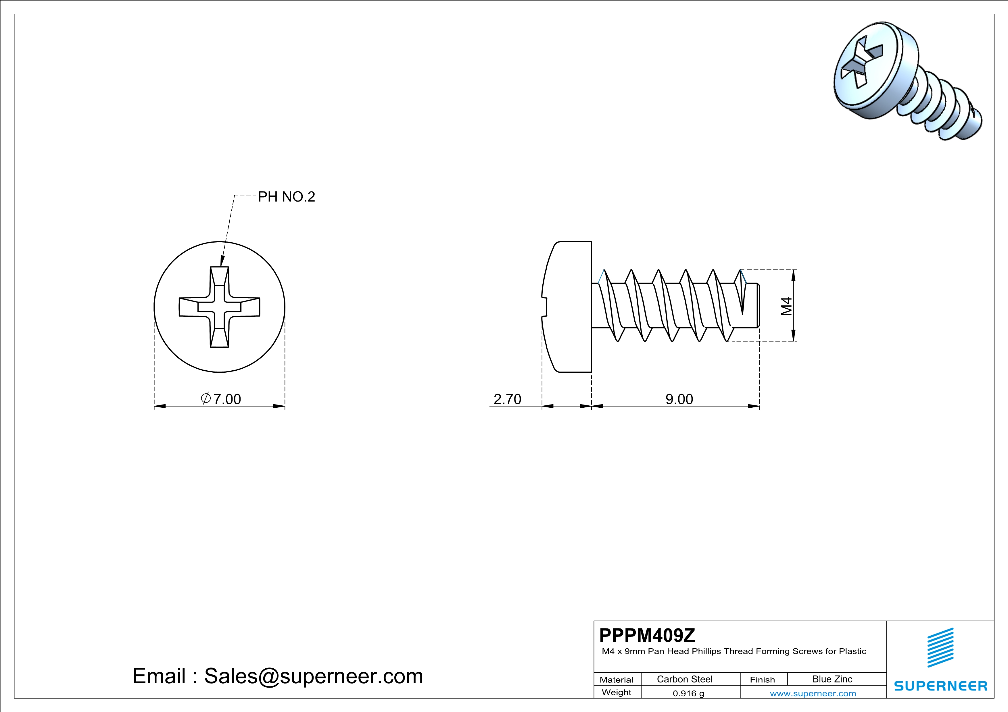 M4 × 9mm  Pan Head Phillips Thread Foming Screws for Plastic   Steel Blue Zinc Plated