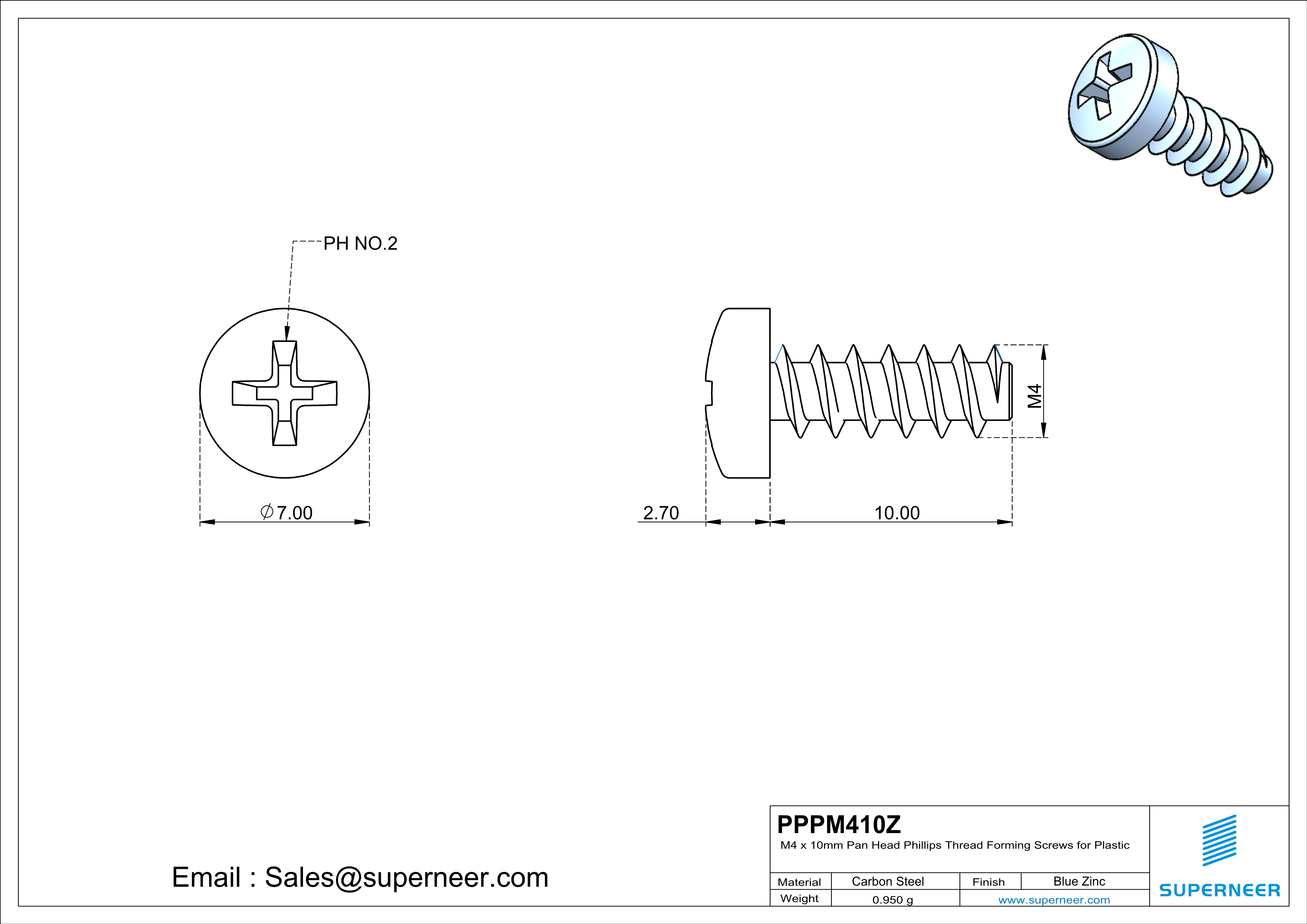 M4 × 10mm  Pan Head Phillips Thread Foming Screws for Plastic   Steel Blue Zinc Plated