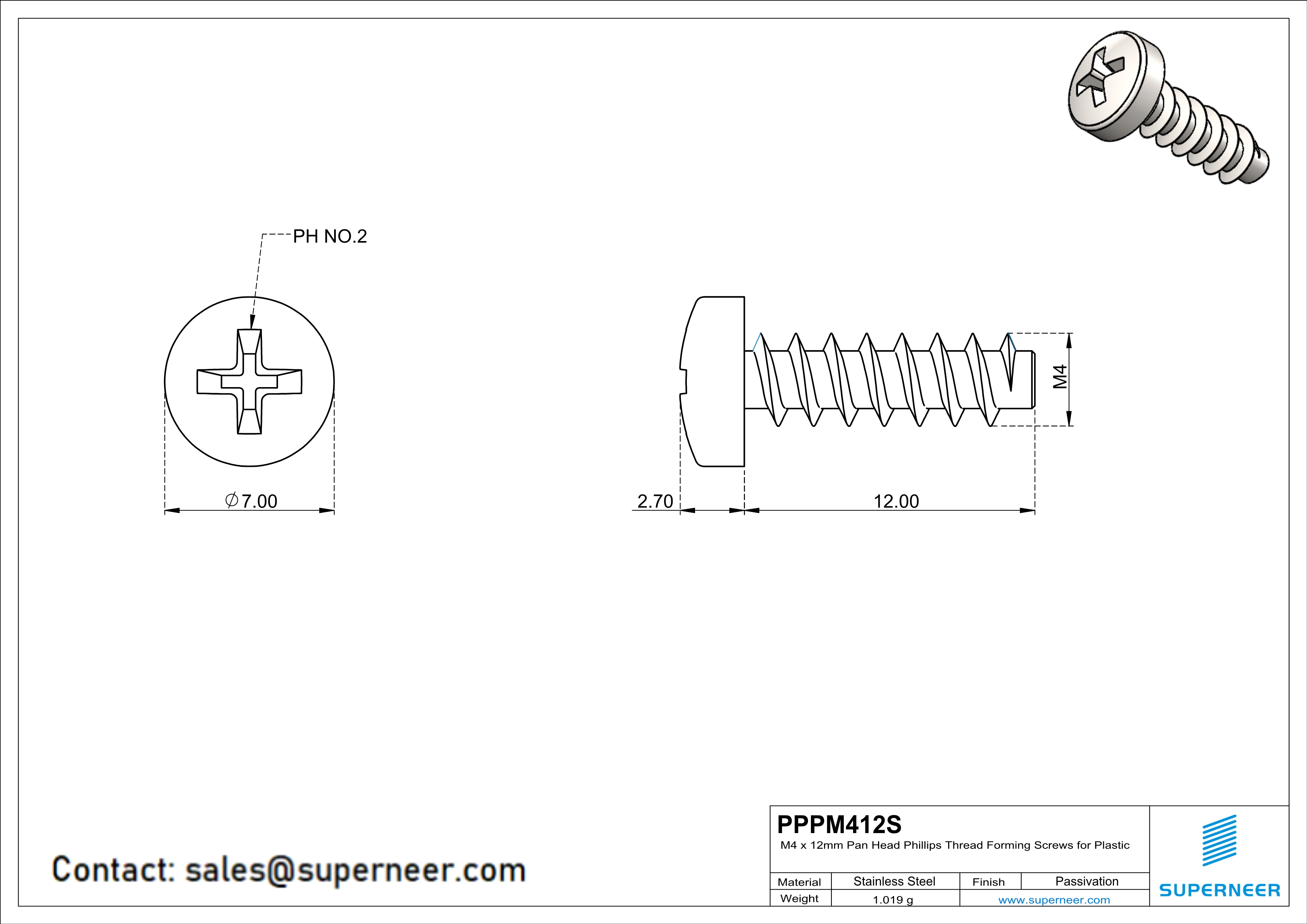 M4 × 12mm  Pan Head Phillips Thread Foming Screws for Plastic SUS304 Stainless Steel Inox