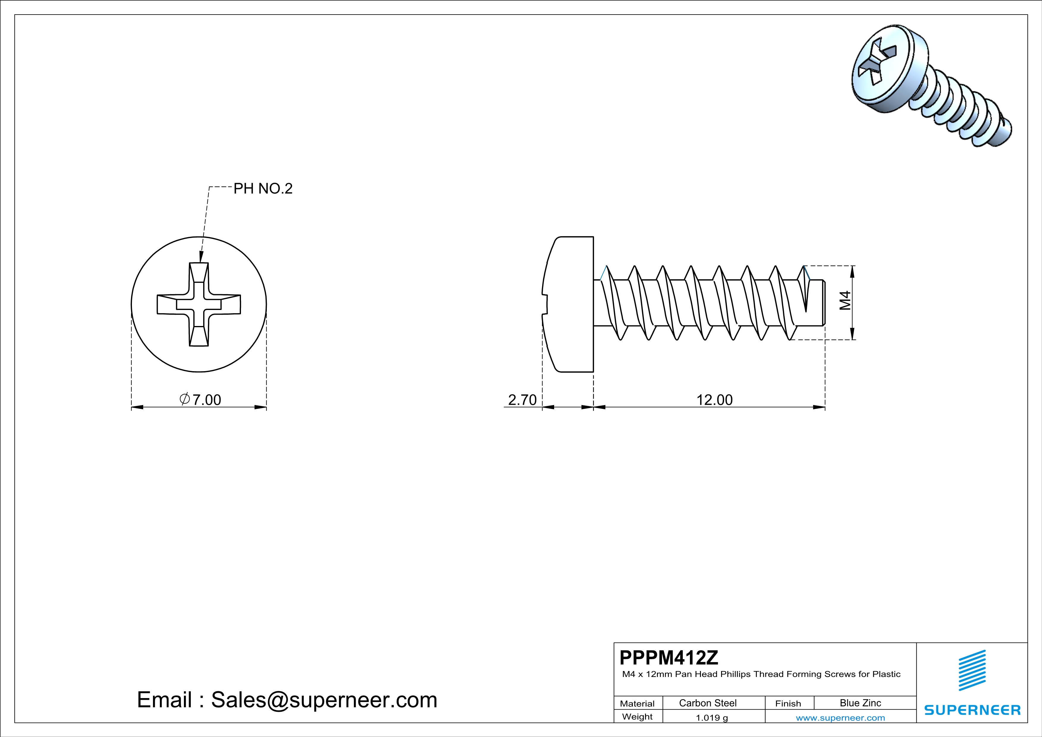 M4 × 12mm  Pan Head Phillips Thread Foming Screws for Plastic   Steel Blue Zinc Plated