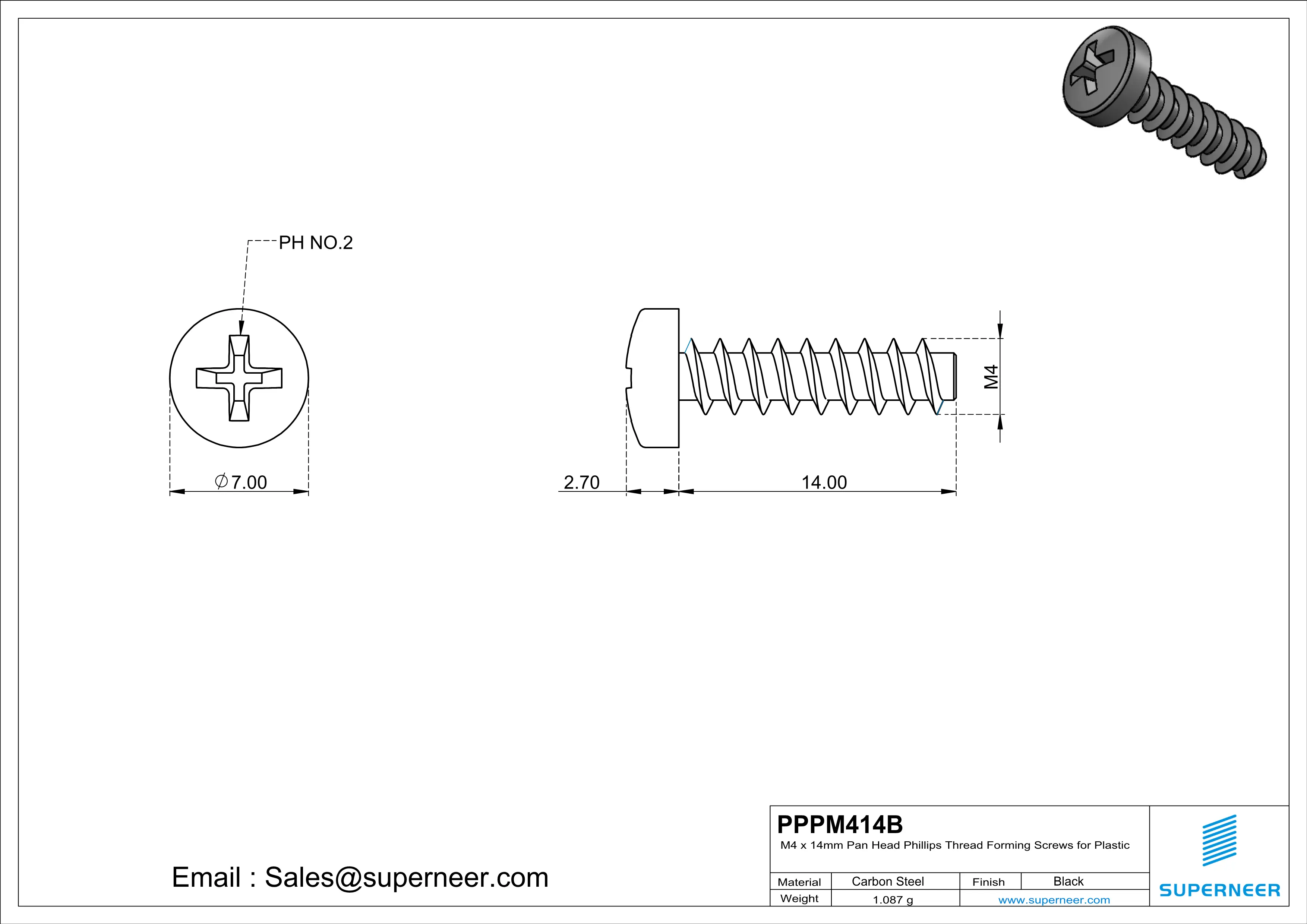 M4 × 14mm  Pan Head Phillips Thread Foming Screws for Plastic   Steel Black