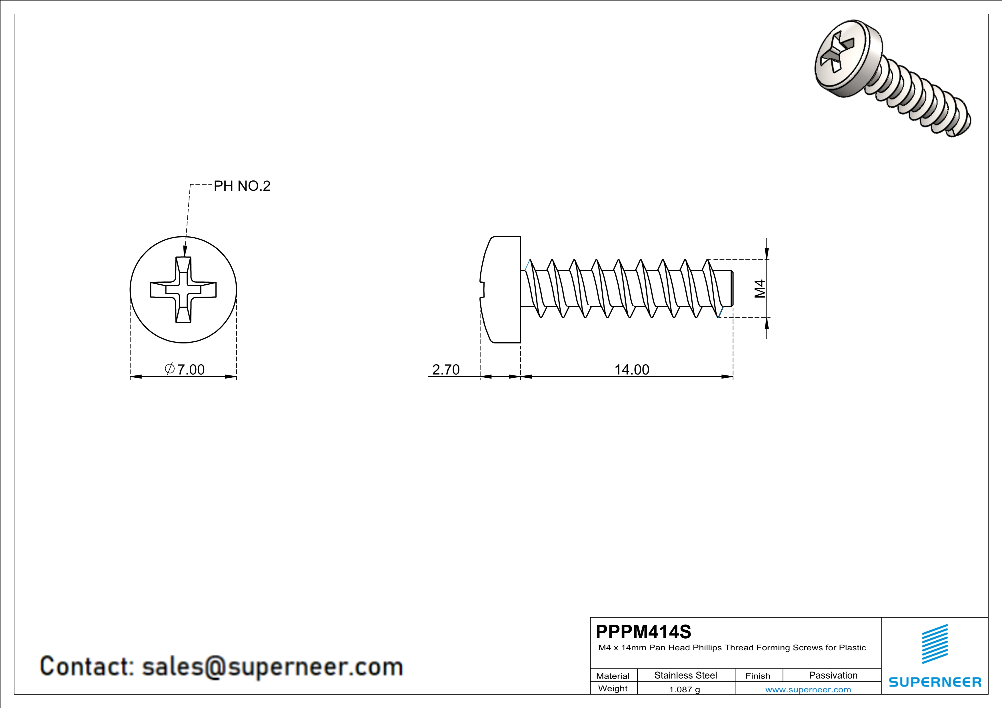 M4 × 14mm  Pan Head Phillips Thread Foming Screws for Plastic SUS304 Stainless Steel Inox