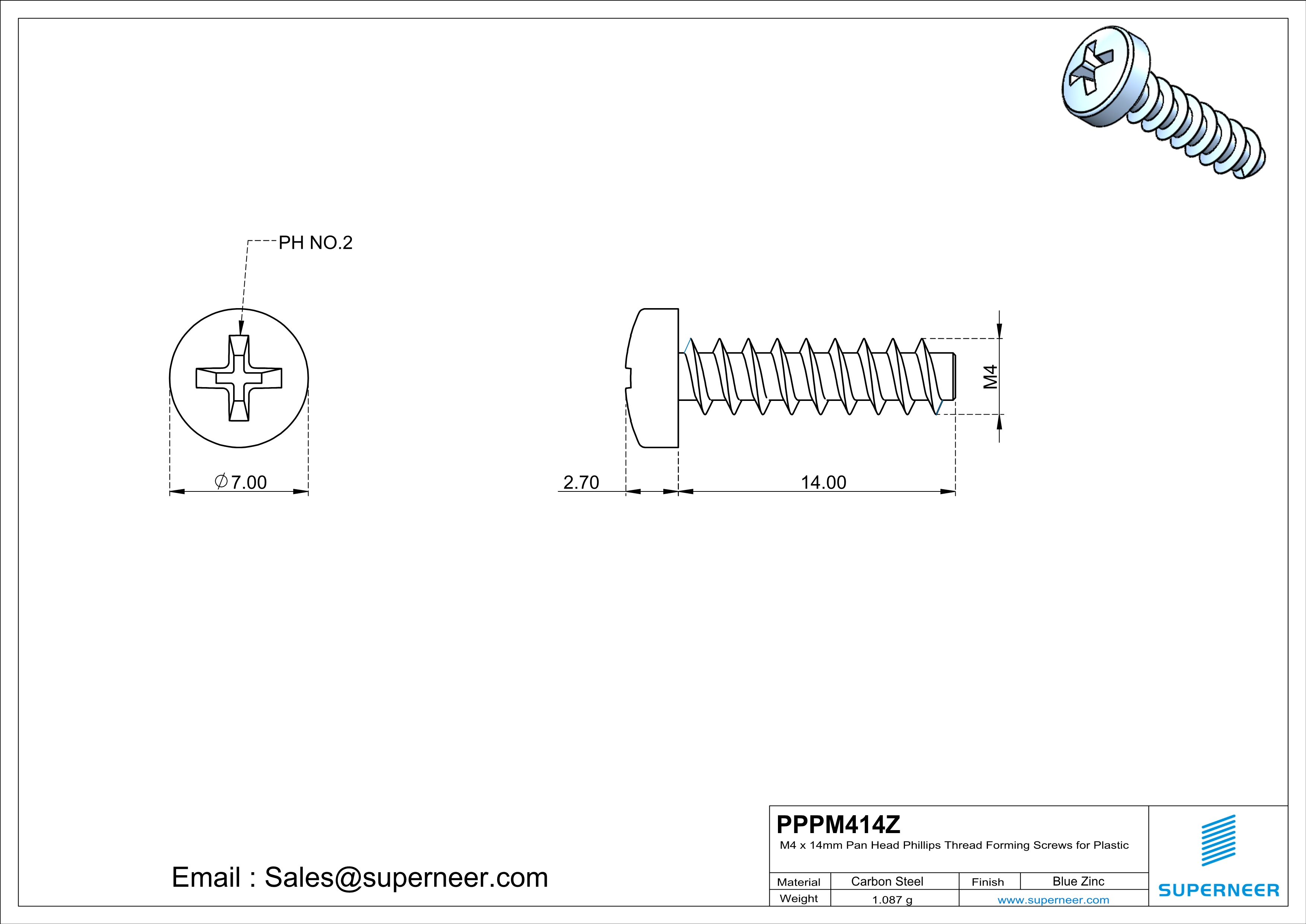 M4 × 14mm  Pan Head Phillips Thread Foming Screws for Plastic   Steel Blue Zinc Plated