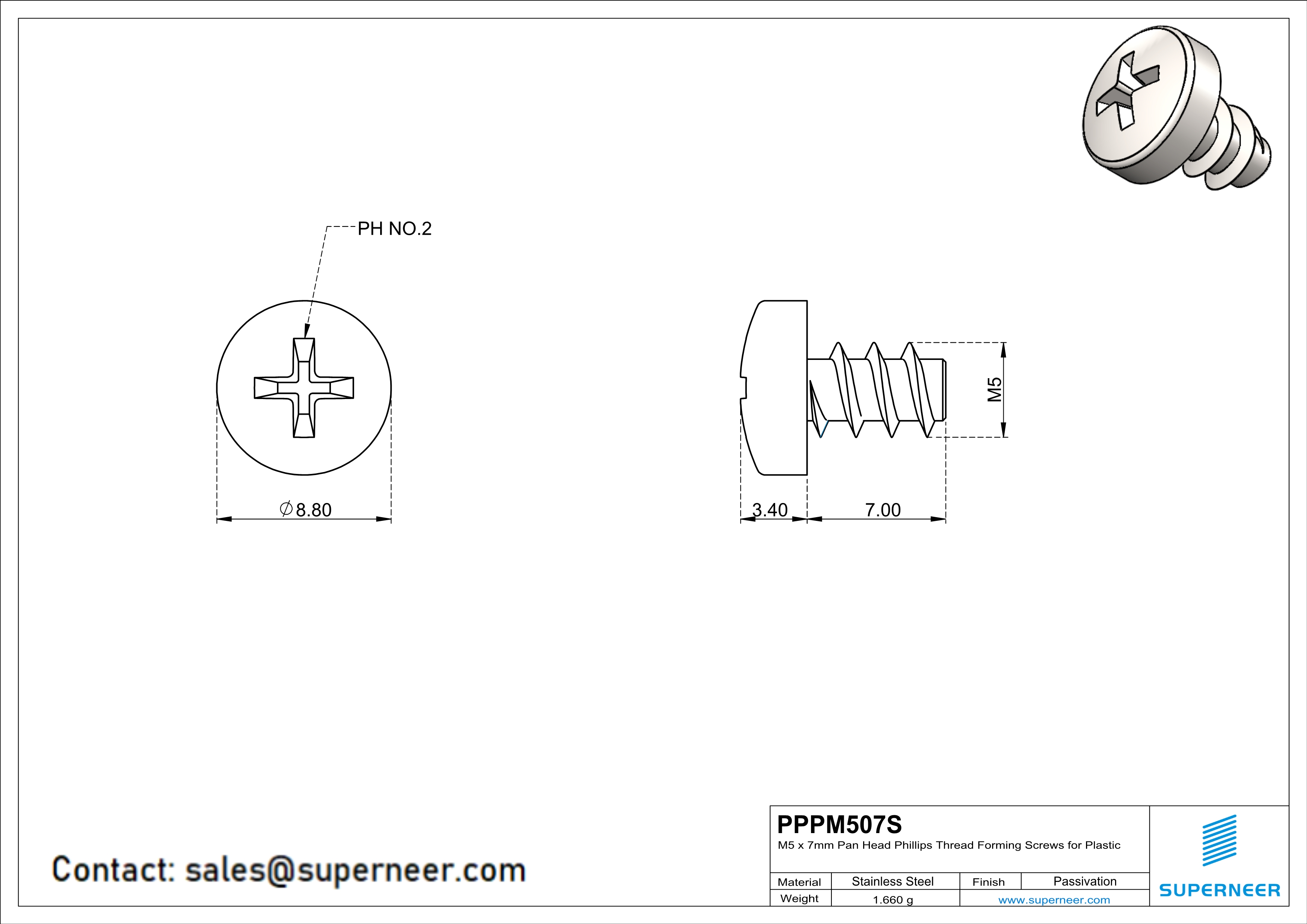 M5 × 7mm  Pan Head Phillips Thread Foming Screws for Plastic SUS304 Stainless Steel Inox