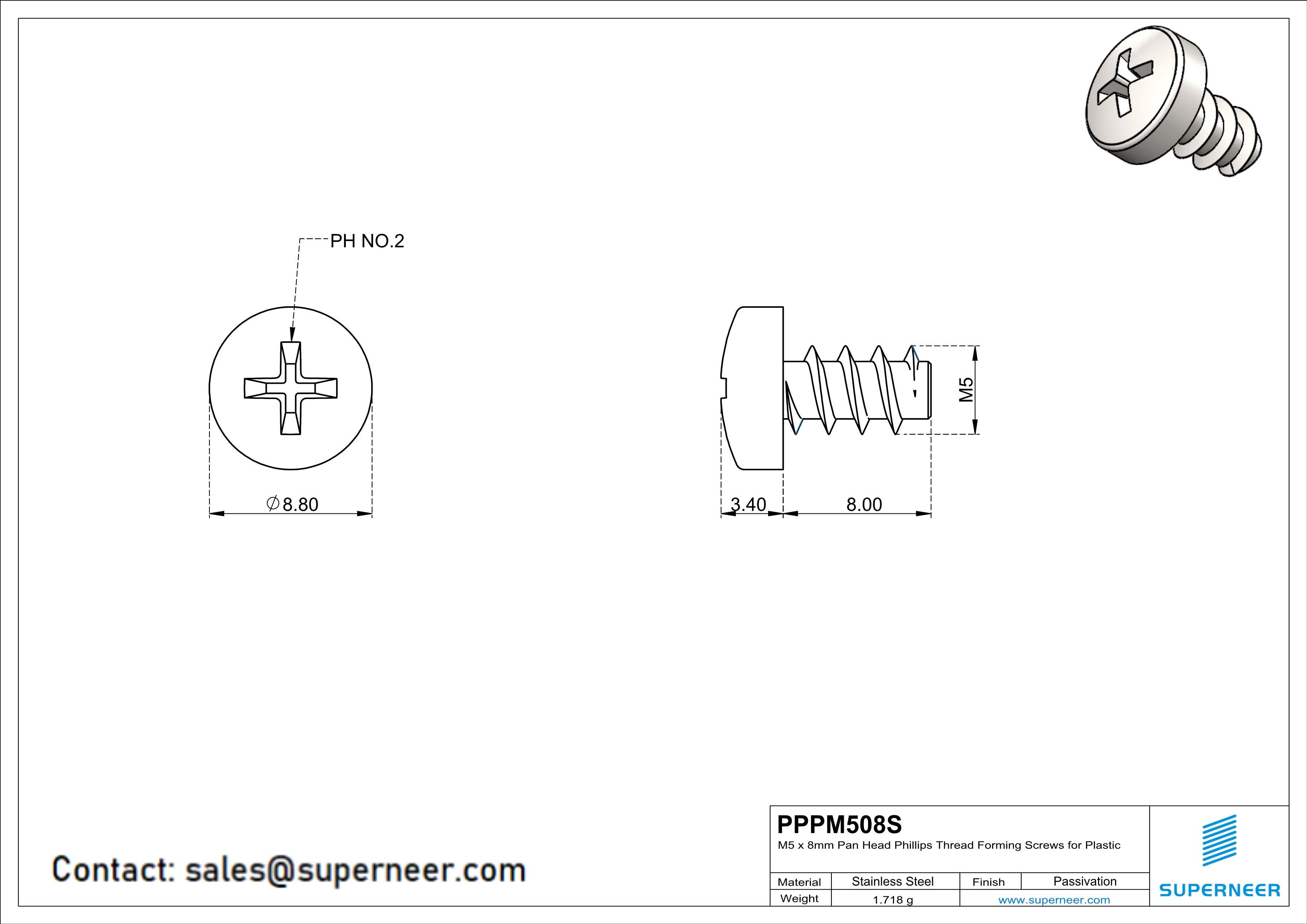 M5 × 8mm  Pan Head Phillips Thread Foming Screws for Plastic SUS304 Stainless Steel Inox