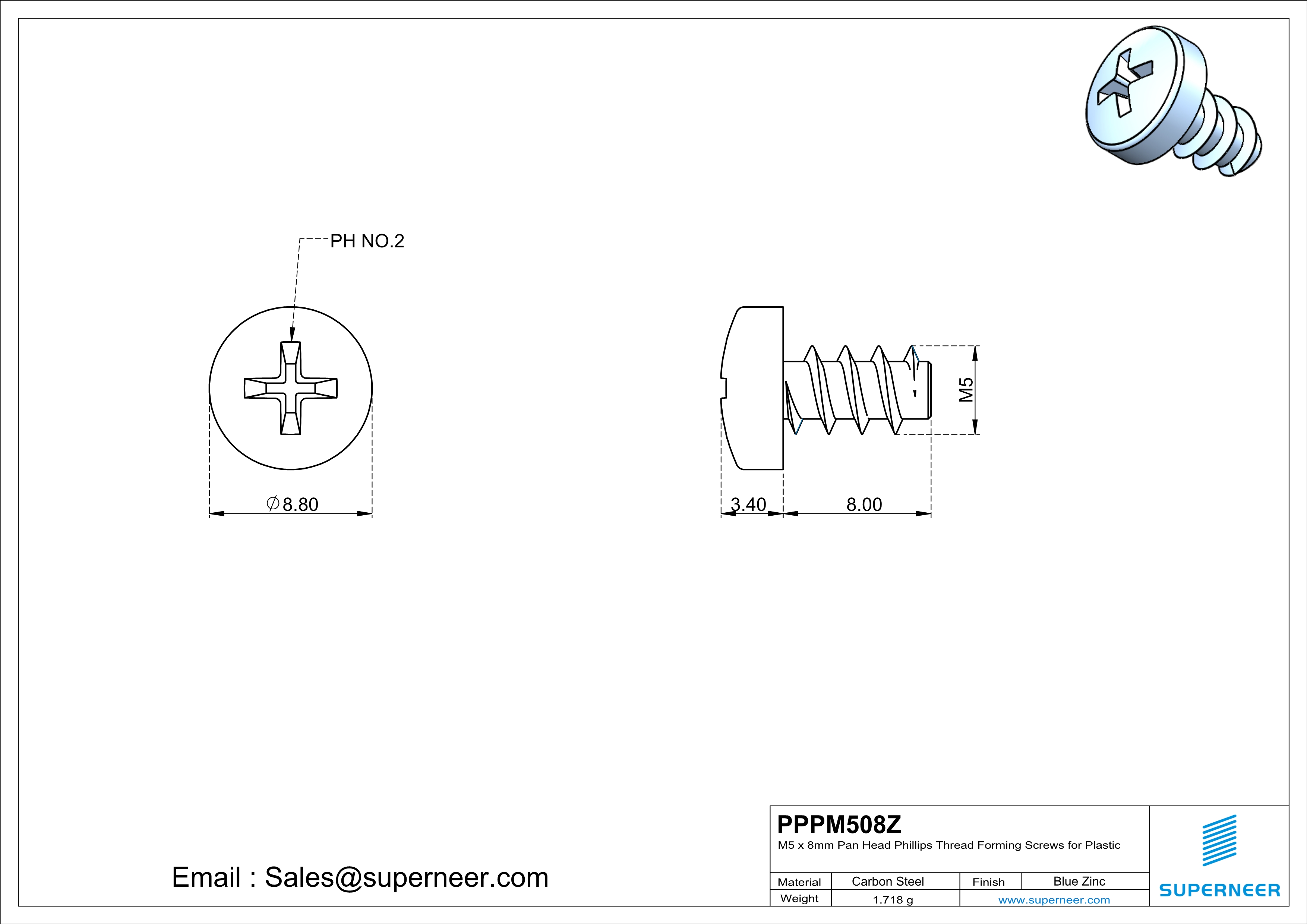 M5 × 8mm  Pan Head Phillips Thread Foming Screws for Plastic   Steel Blue Zinc Plated