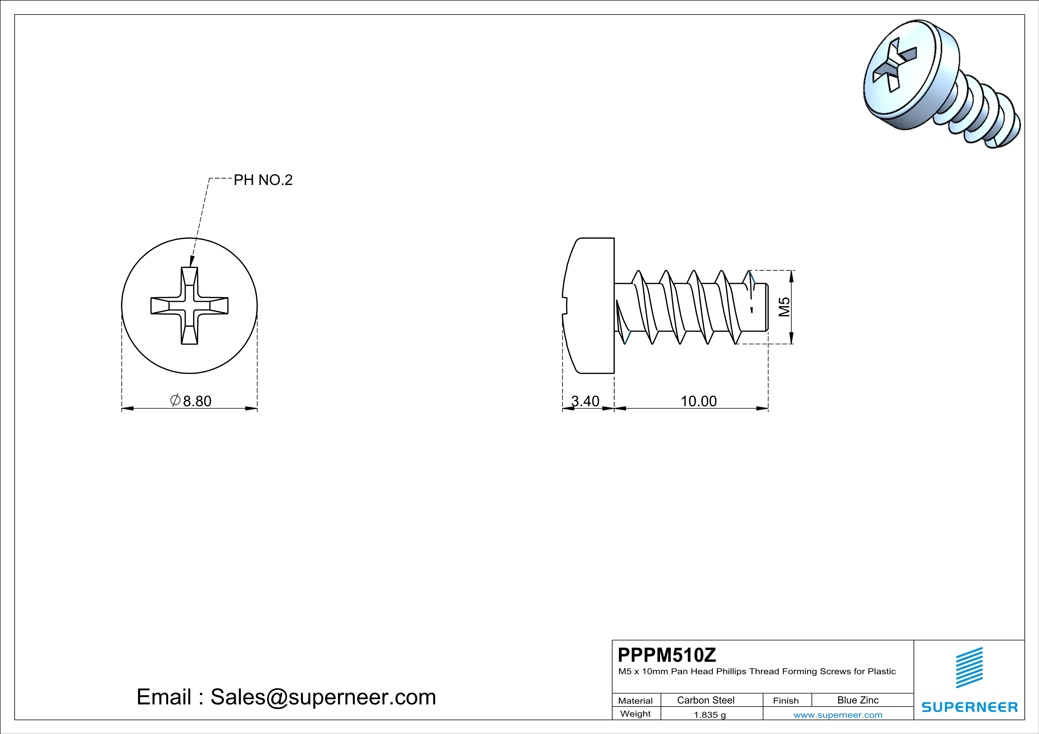 M5 × 10mm  Pan Head Phillips Thread Foming Screws for Plastic   Steel Blue Zinc Plated