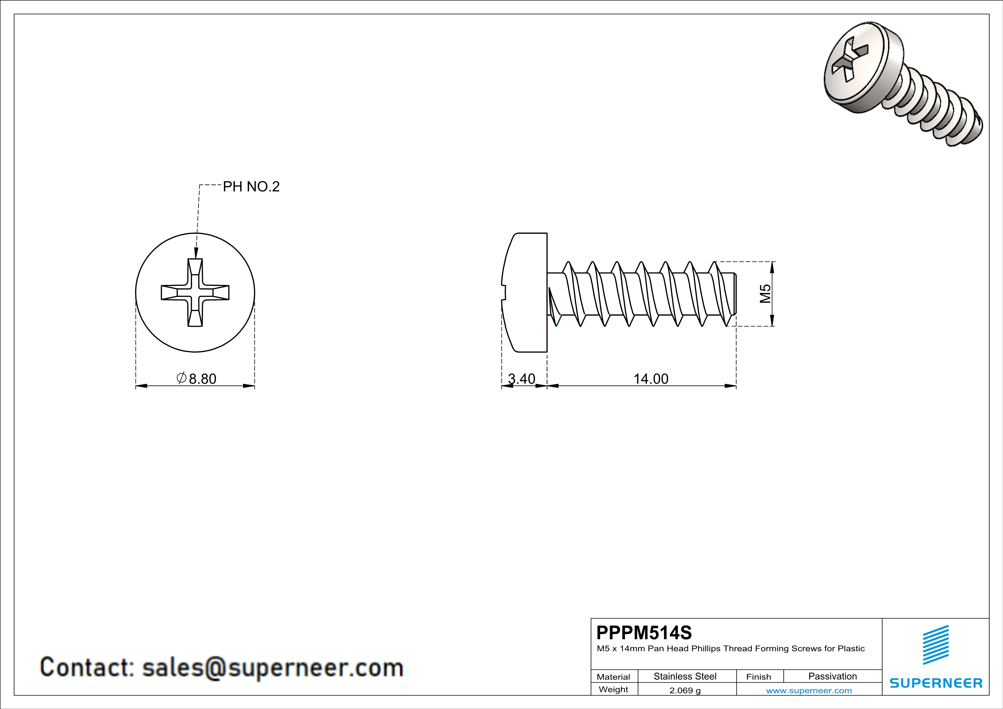 M5 × 14mm  Pan Head Phillips Thread Foming Screws for Plastic SUS304 Stainless Steel Inox