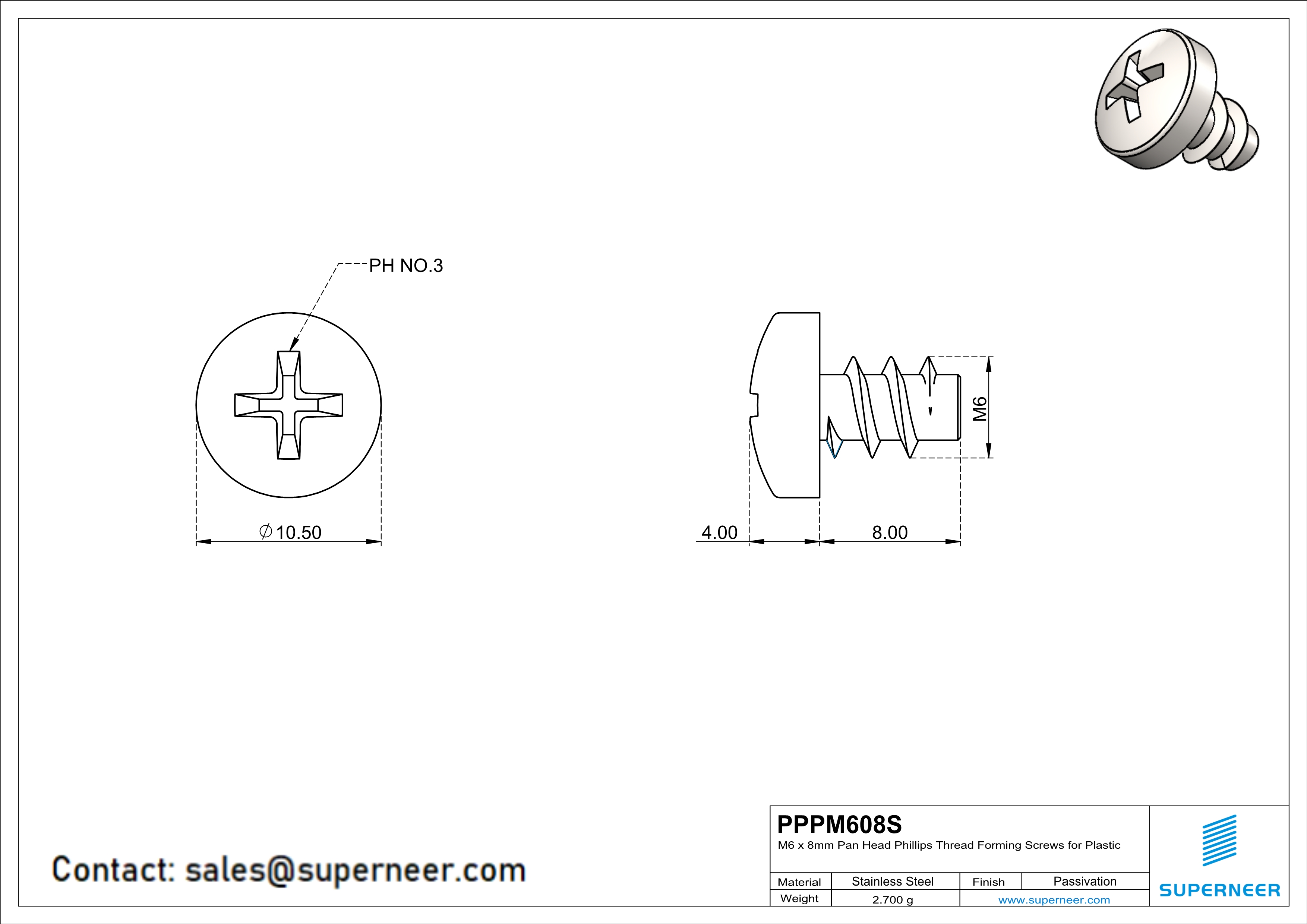 M6 × 8mm  Pan Head Phillips Thread Foming Screws for Plastic SUS304 Stainless Steel Inox