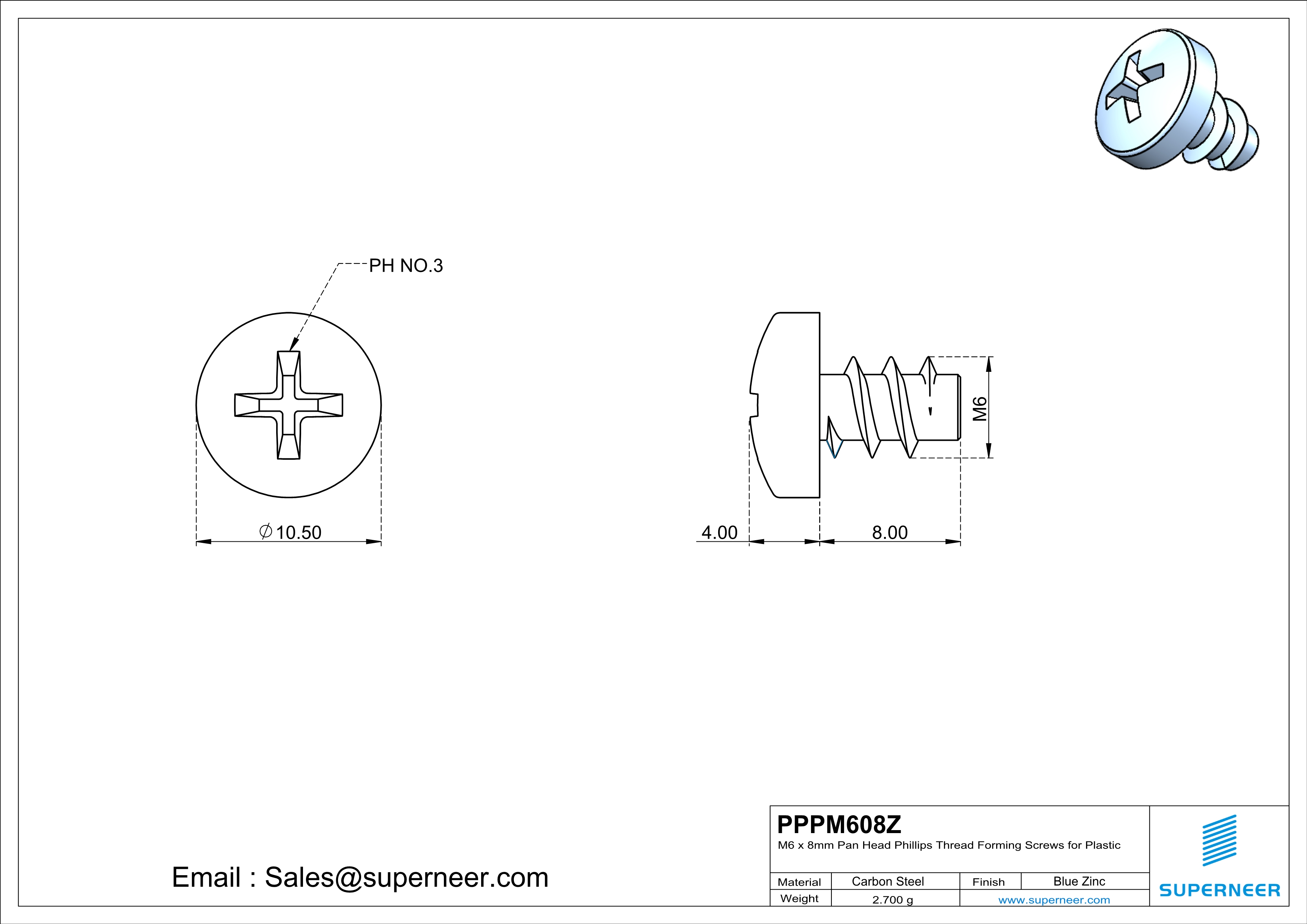 M6 × 8mm  Pan Head Phillips Thread Foming Screws for Plastic   Steel Blue Zinc Plated