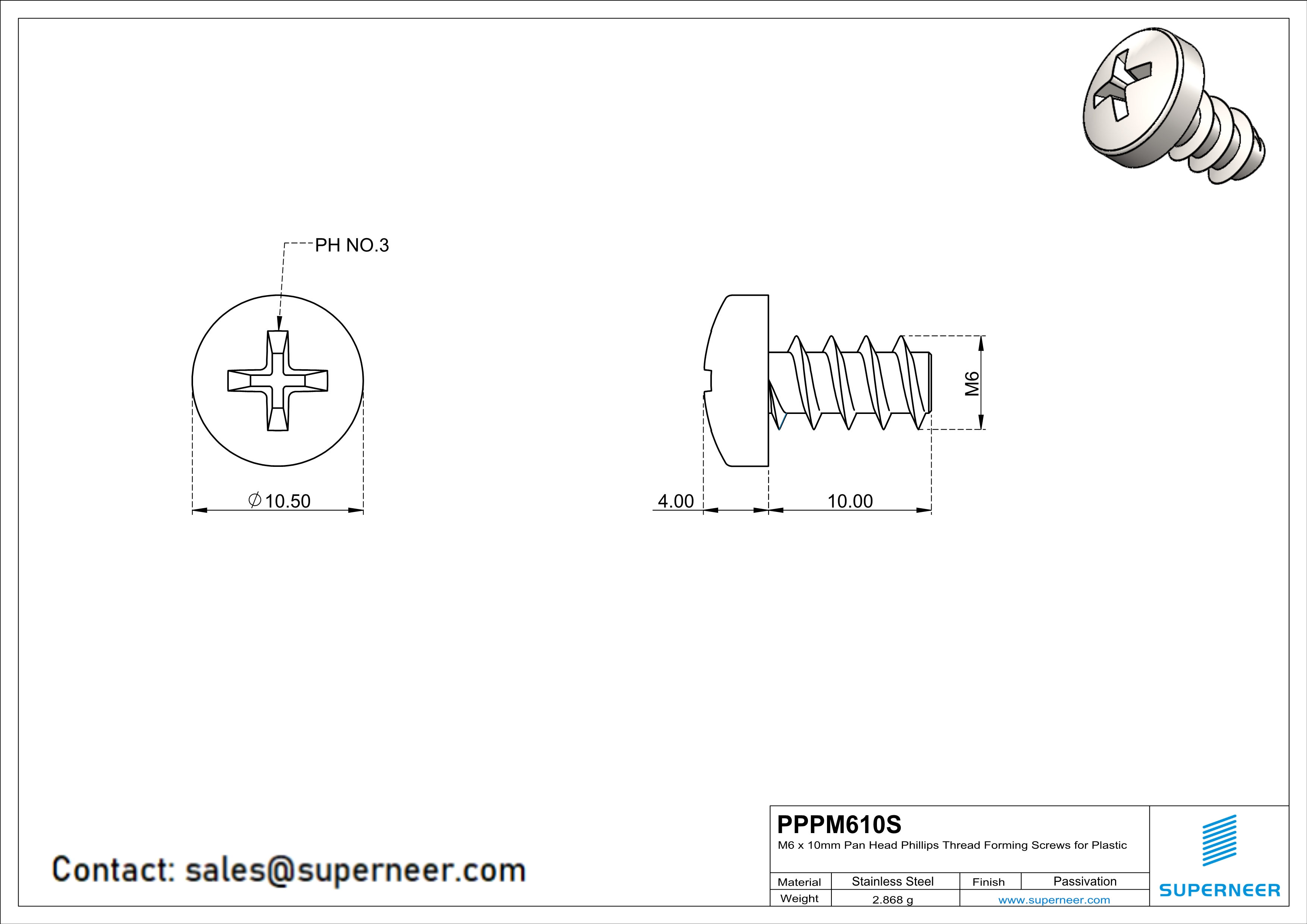 M6 × 10mm  Pan Head Phillips Thread Foming Screws for Plastic SUS304 Stainless Steel Inox