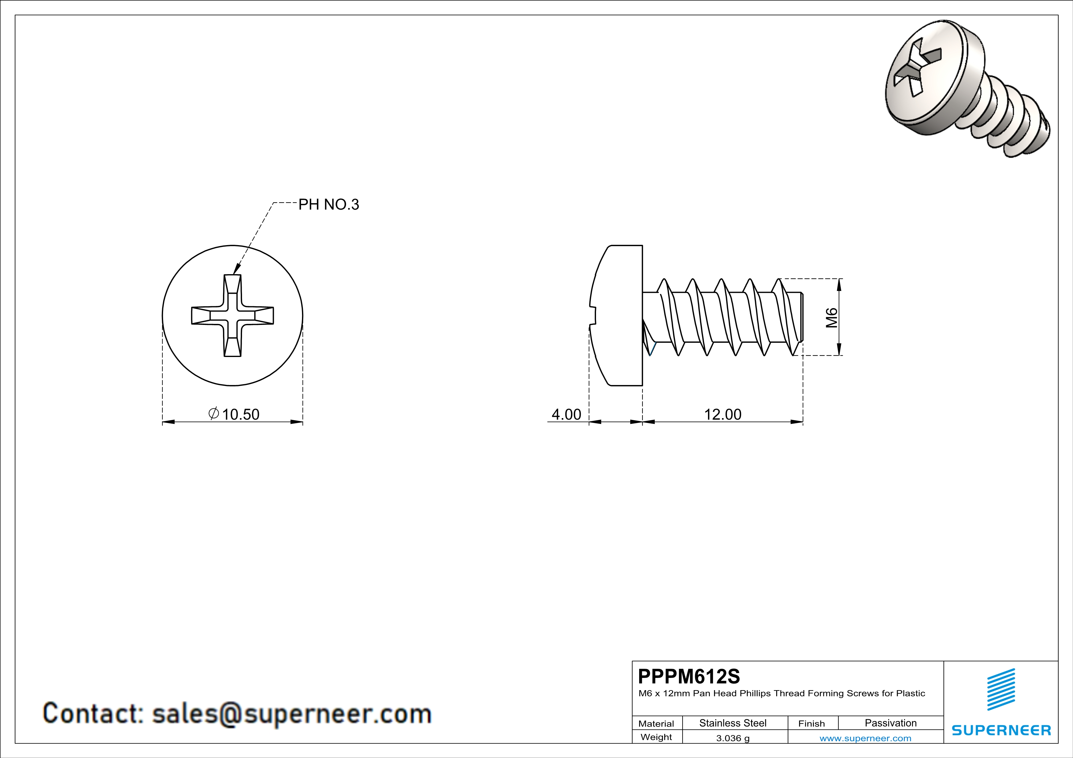 M6 × 12mm  Pan Head Phillips Thread Foming Screws for Plastic SUS304 Stainless Steel Inox