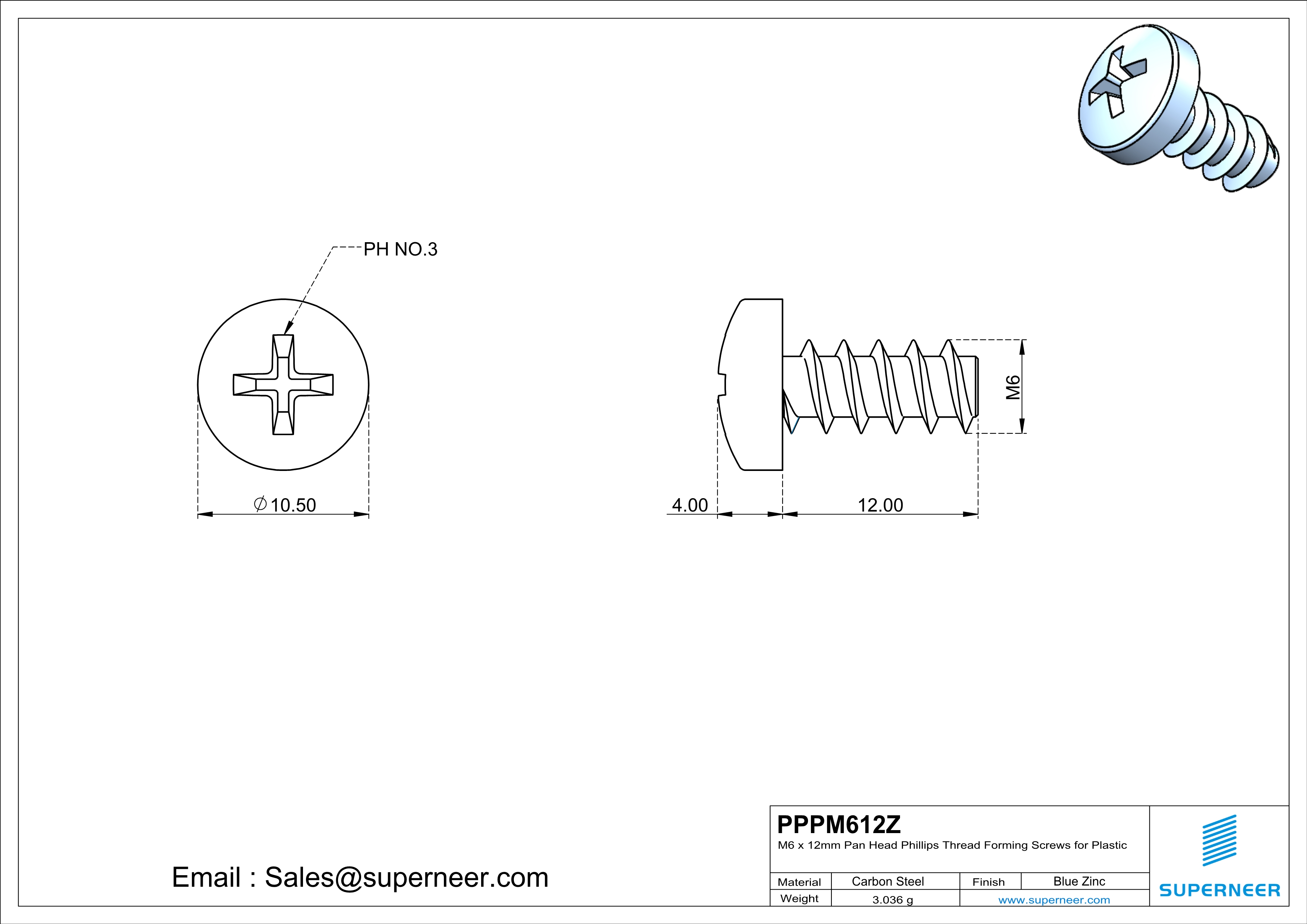 M6 × 12mm  Pan Head Phillips Thread Foming Screws for Plastic   Steel Blue Zinc Plated