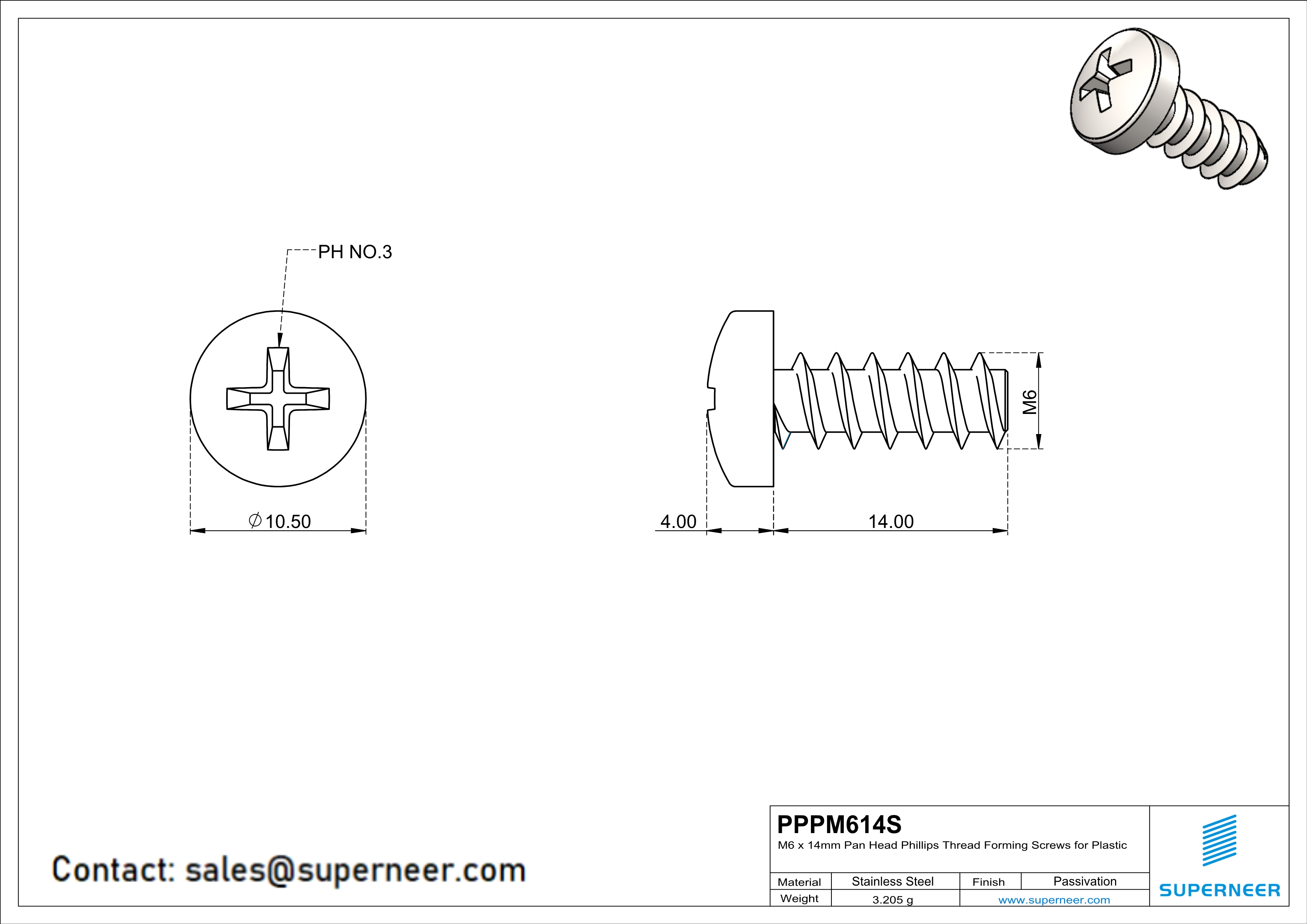 M6 × 14mm  Pan Head Phillips Thread Foming Screws for Plastic SUS304 Stainless Steel Inox