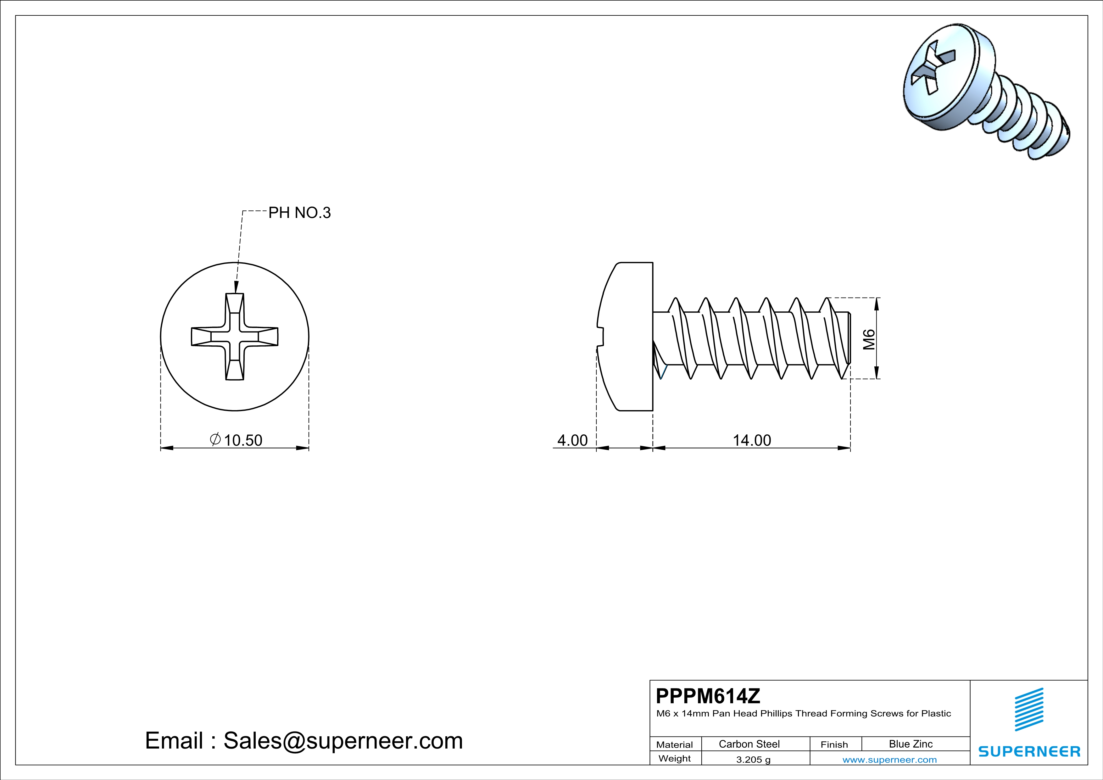 M6 × 14mm  Pan Head Phillips Thread Foming Screws for Plastic   Steel Blue Zinc Plated