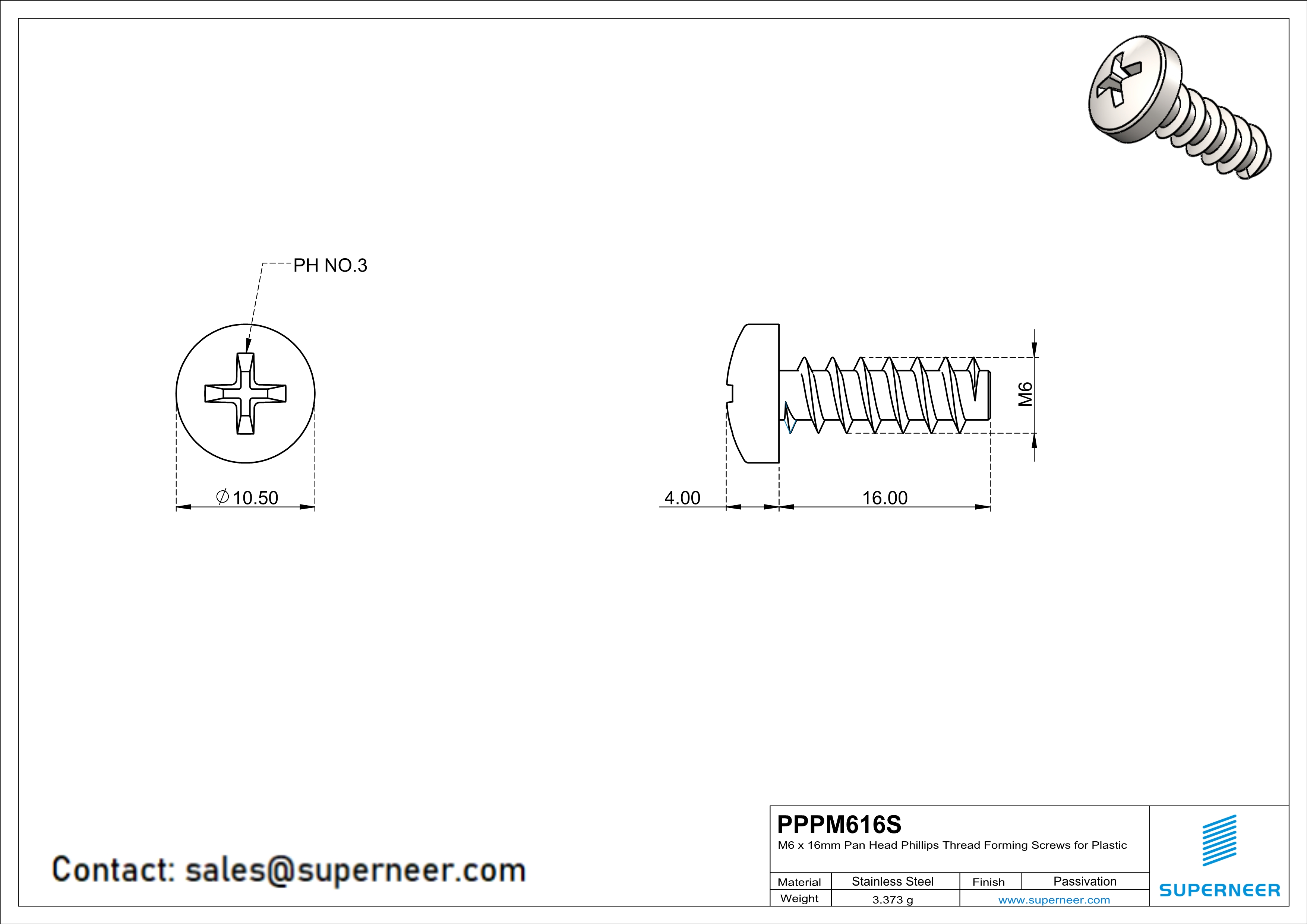 M6 × 16mm  Pan Head Phillips Thread Foming Screws for Plastic SUS304 Stainless Steel Inox