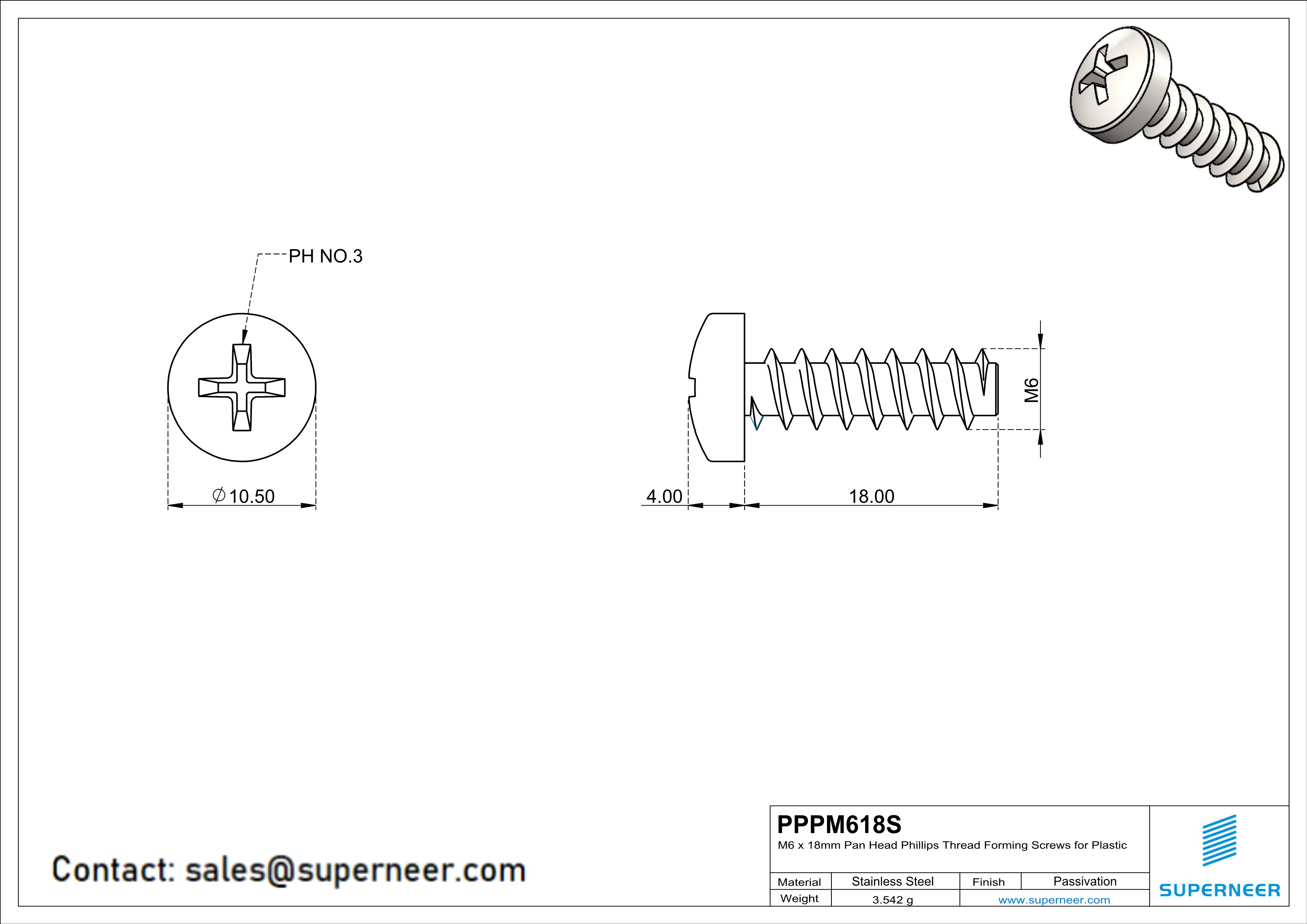 M6 × 18mm  Pan Head Phillips Thread Foming Screws for Plastic SUS304 Stainless Steel Inox