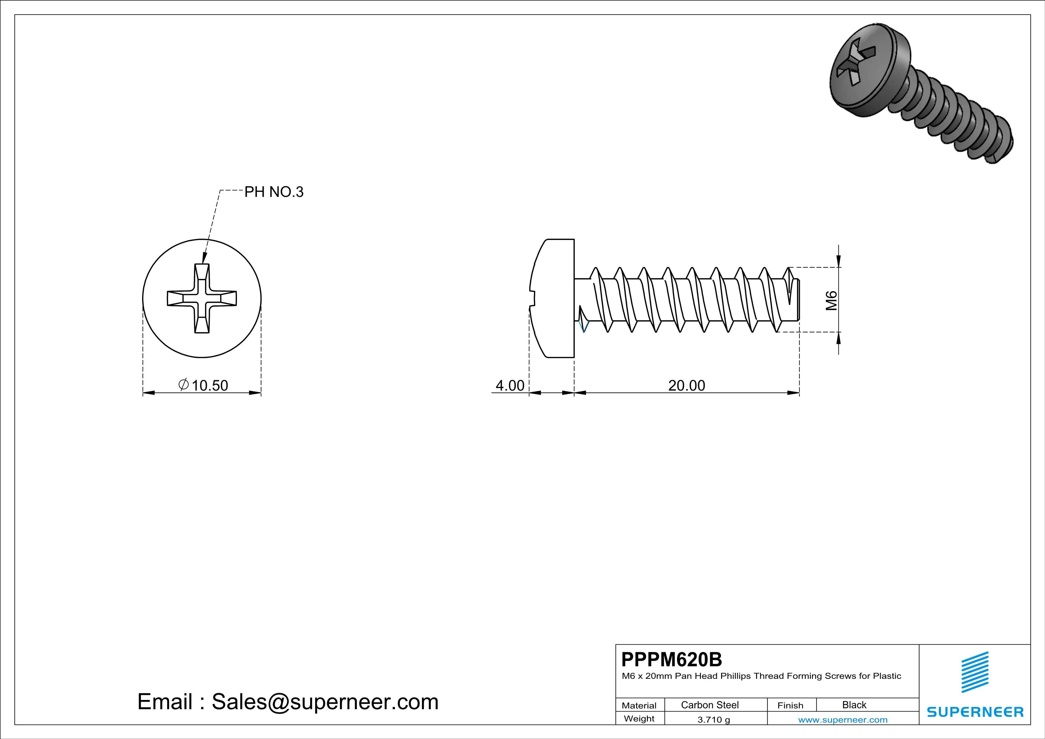 M6 × 20mm  Pan Head Phillips Thread Foming Screws for Plastic   Steel Black