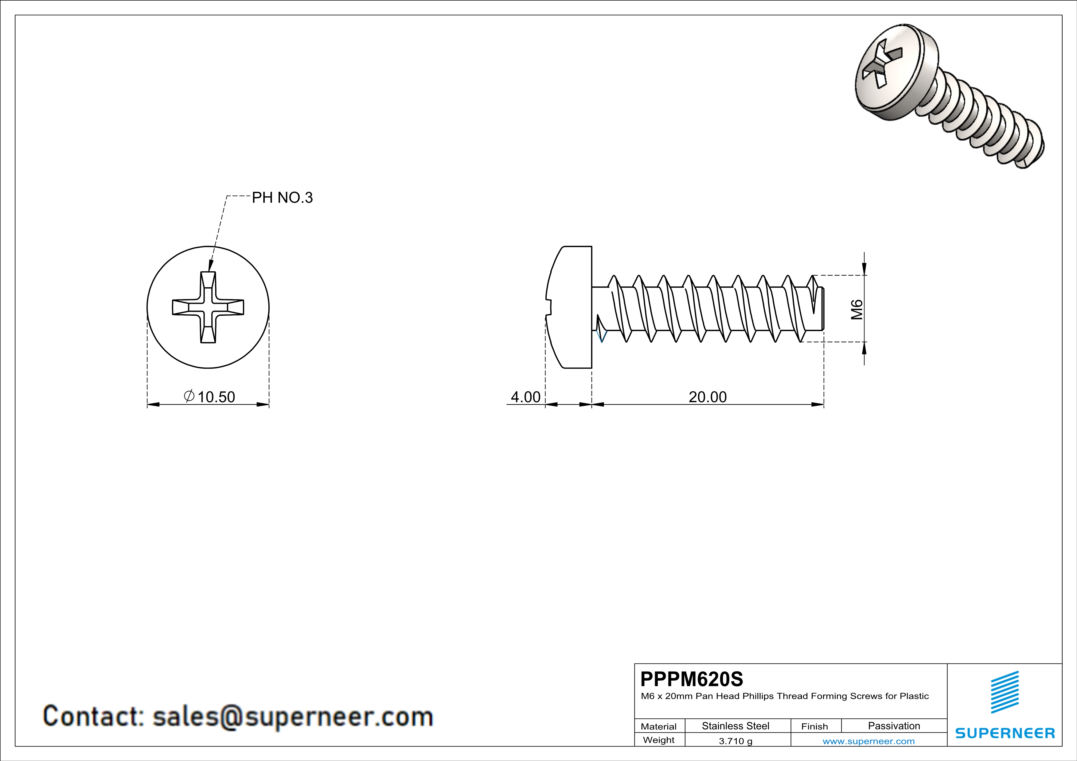 M6 × 20mm  Pan Head Phillips Thread Foming Screws for Plastic SUS304 Stainless Steel Inox