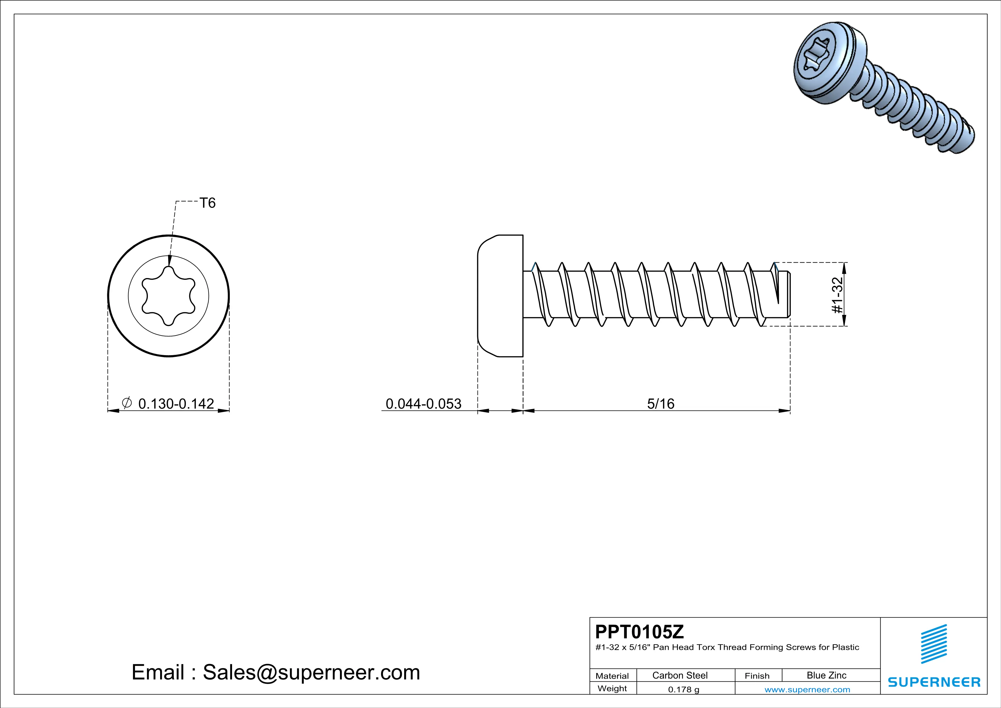 1 × 5/16" Pan Head Torx Thread Forming inch Screws for Plastic  Steel Blue Zinc Plated