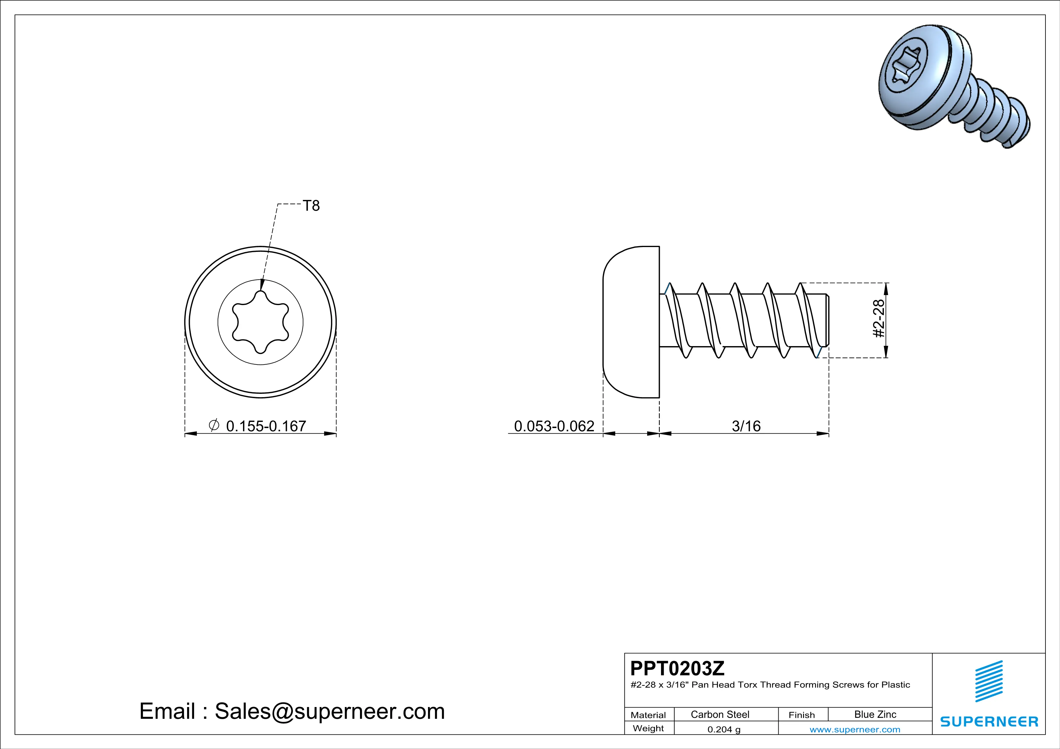 2 × 3/16" Pan Head Torx Thread Forming inch Screws for Plastic  Steel Blue Zinc Plated