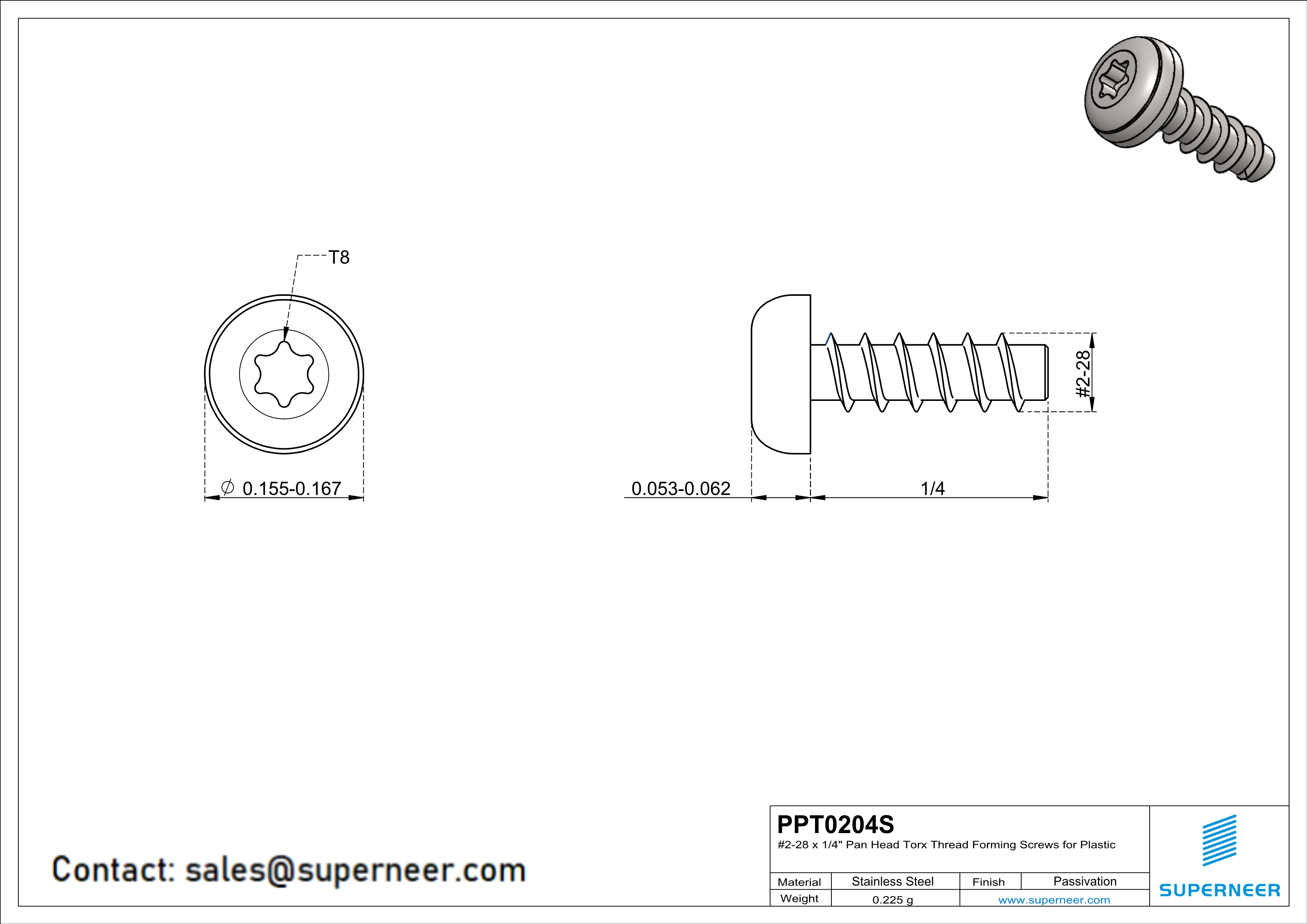 2 × 1/4" Pan Head Torx Thread Forming inch Screws for Plastic  SUS304 Stainless Steel Inox