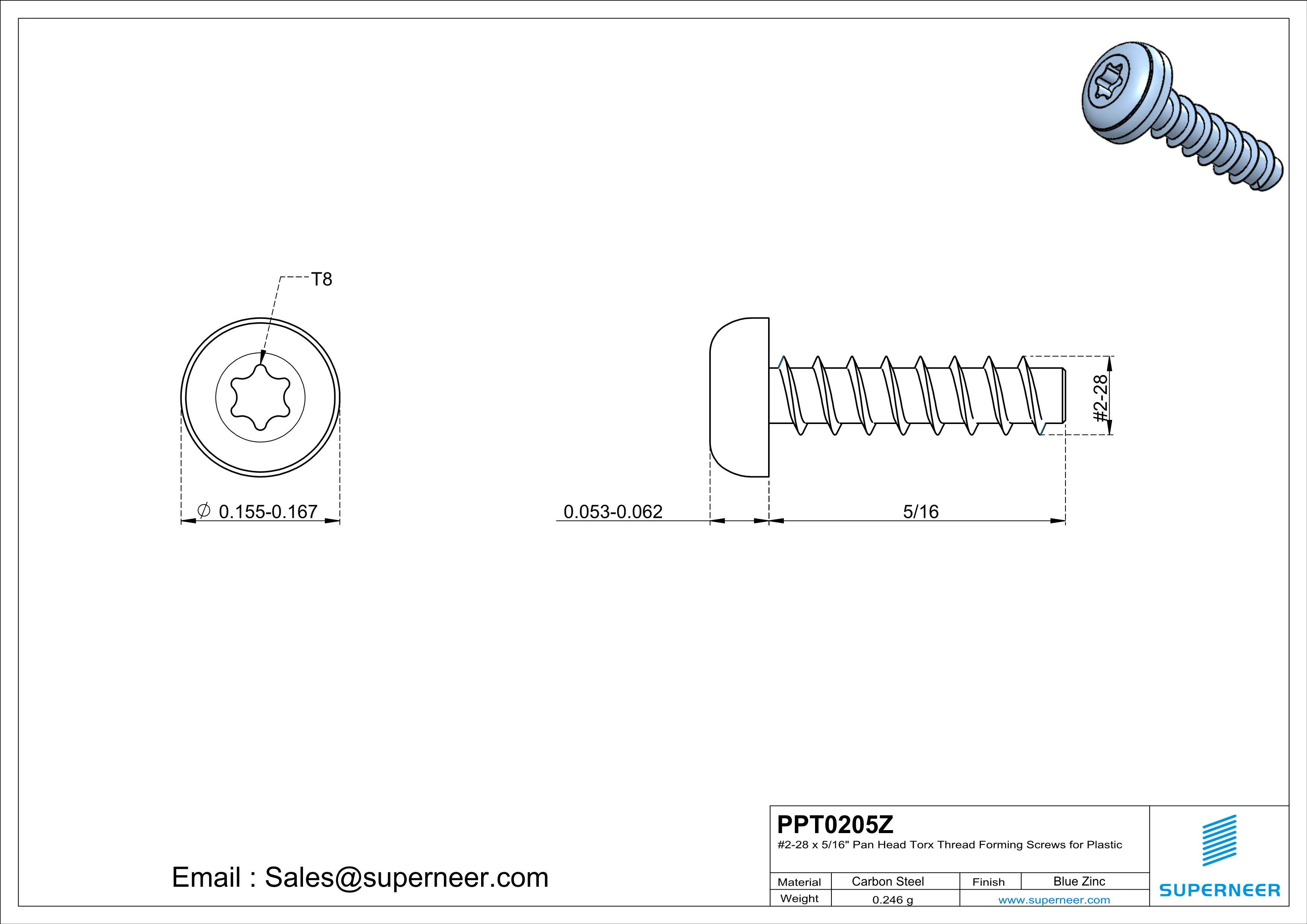 2 × 5/16" Pan Head Torx Thread Forming inch Screws for Plastic  Steel Blue Zinc Plated