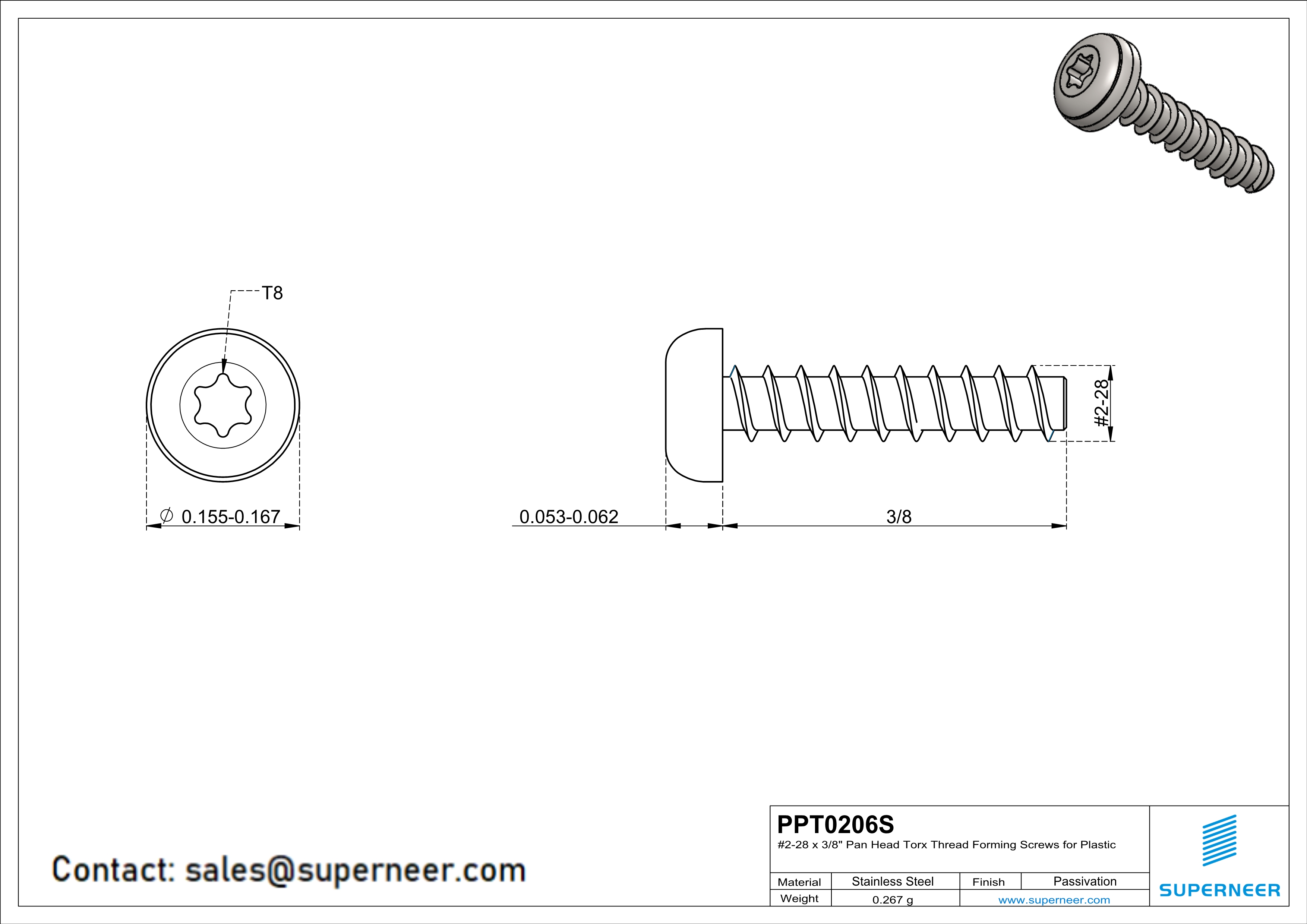 2 × 3/8" Pan Head Torx Thread Forming inch Screws for Plastic  SUS304 Stainless Steel Inox