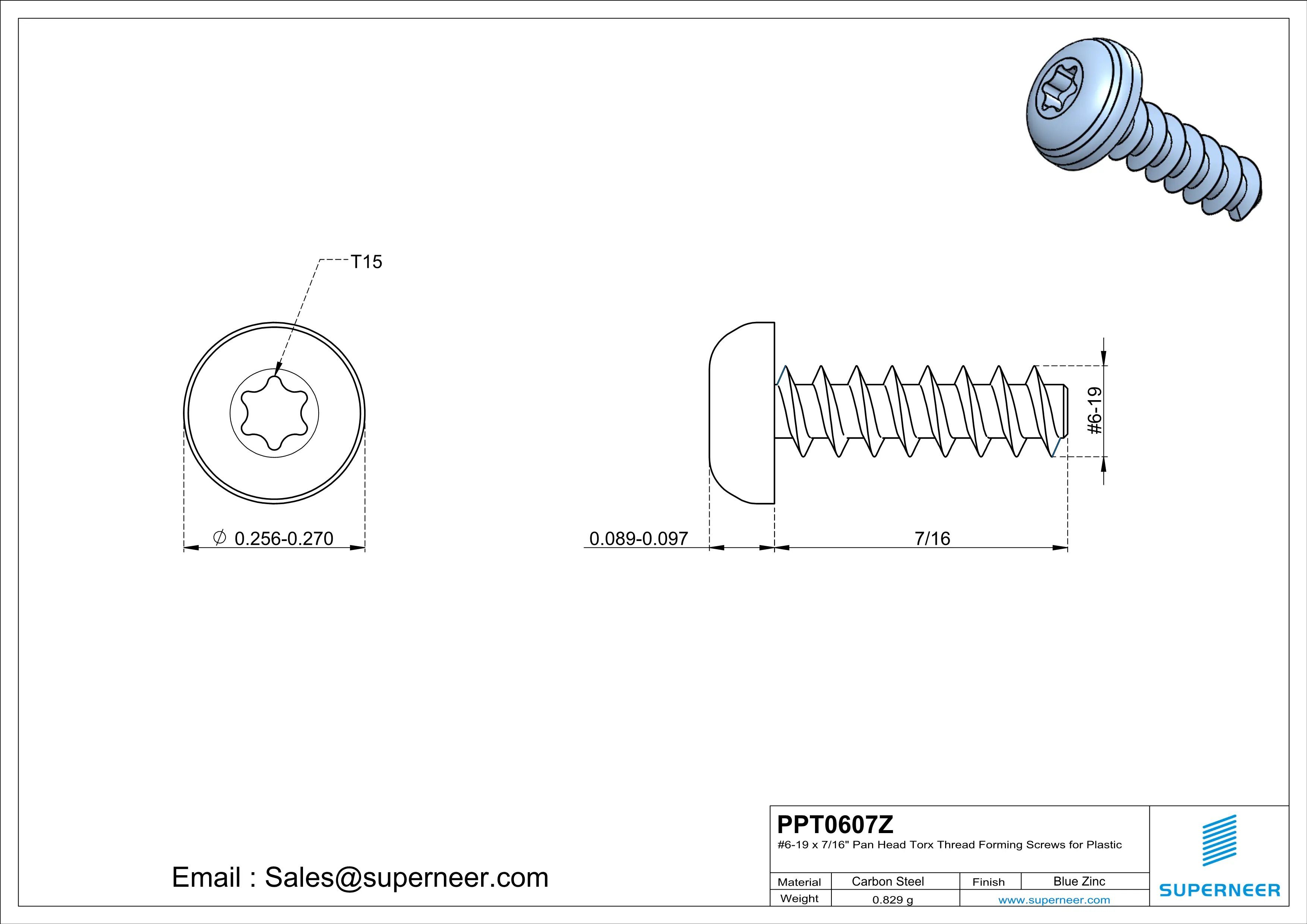 6 × 7/16" Pan Head Torx Thread Forming inch Screws for Plastic  Steel Blue Zinc Plated